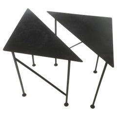 Vintage Unique Triangular Handcrafted Blackened Iron Drink Tables, Set of Two