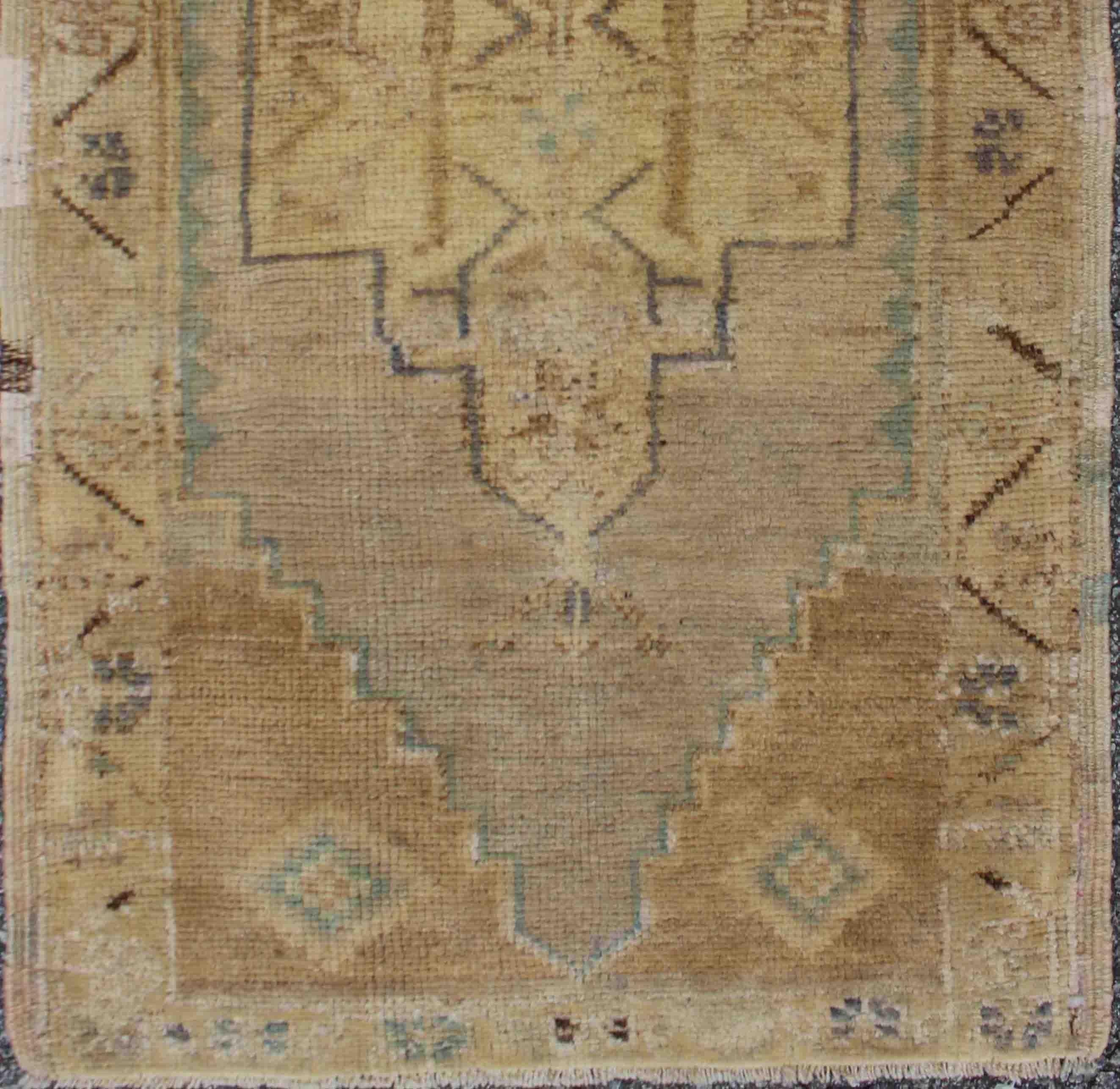 Hand-Knotted Unique Tribal Medallion Vintage Turkish Oushak Rug in Shades of Brown For Sale