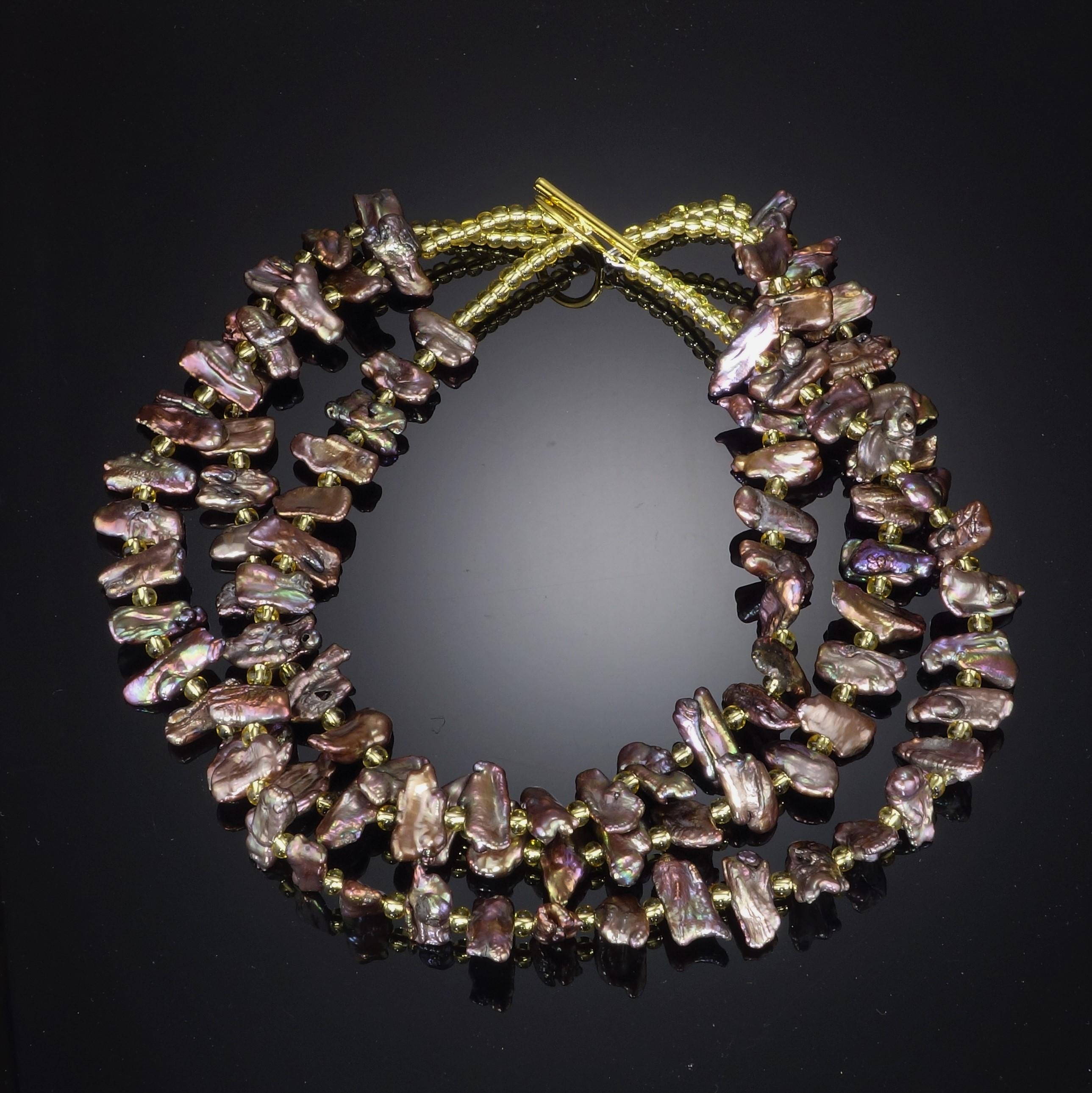 Artisan AJD Unique Triple Strand Mauve Iridescent Pearl Necklace  June Birthstone