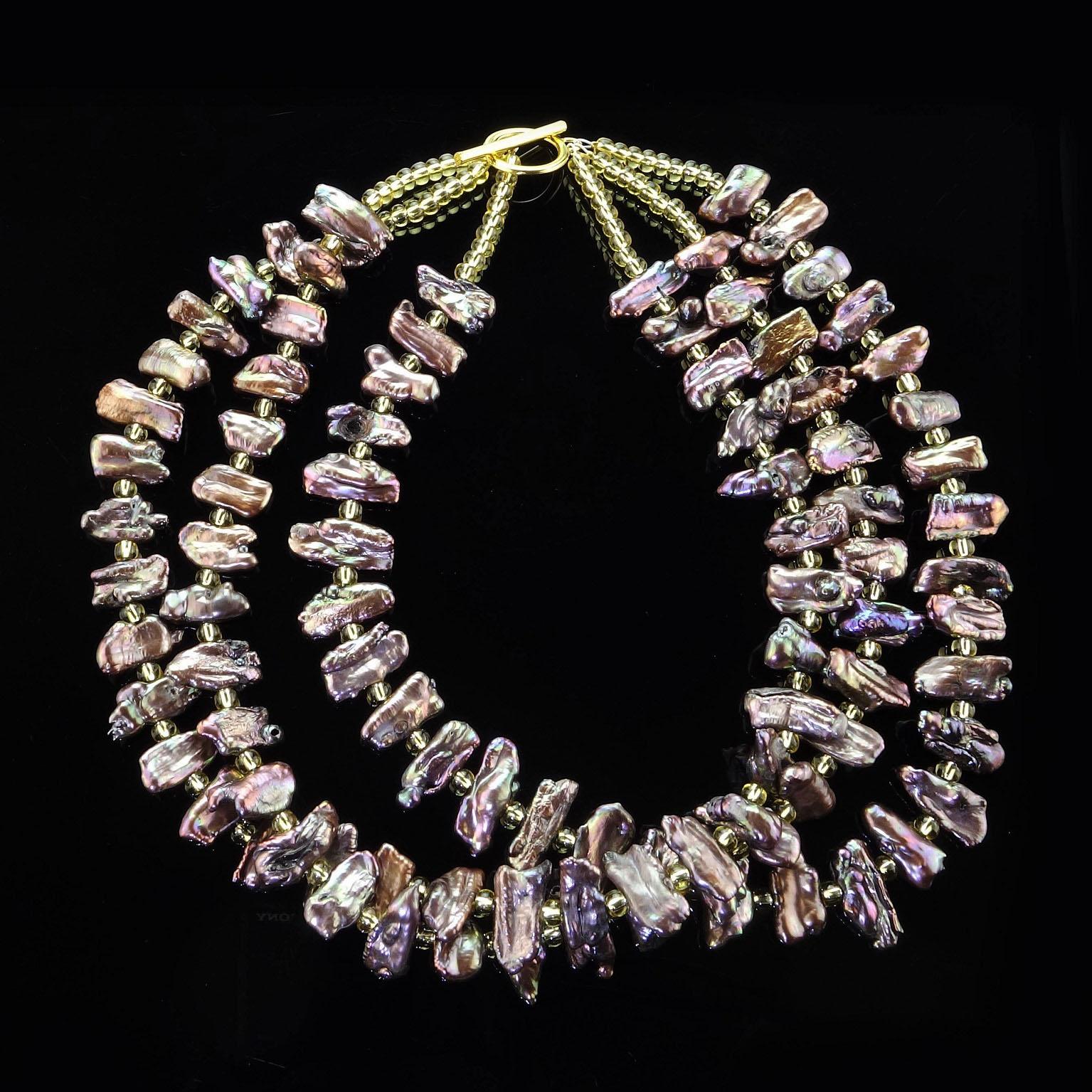 AJD Unique Triple Strand Mauve Iridescent Pearl Necklace  June Birthstone In New Condition In Raleigh, NC