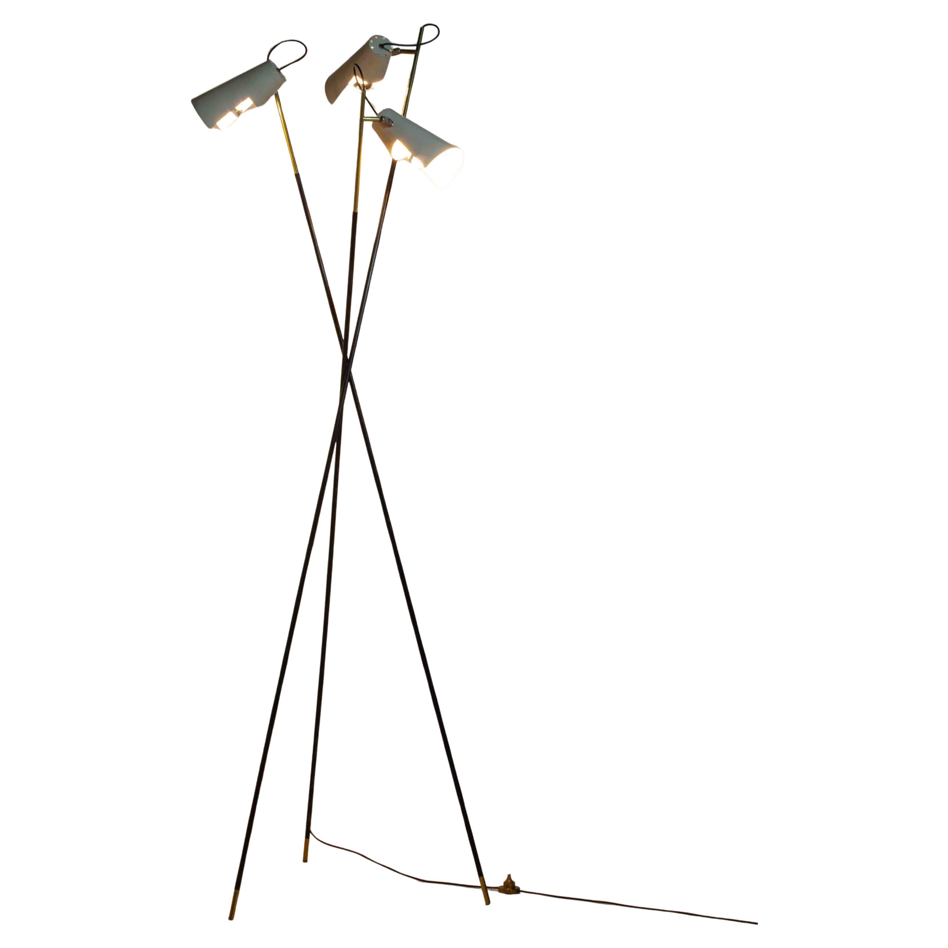 Unique tripod floor lamp by Stilnovo with white shades, Italy 1960s