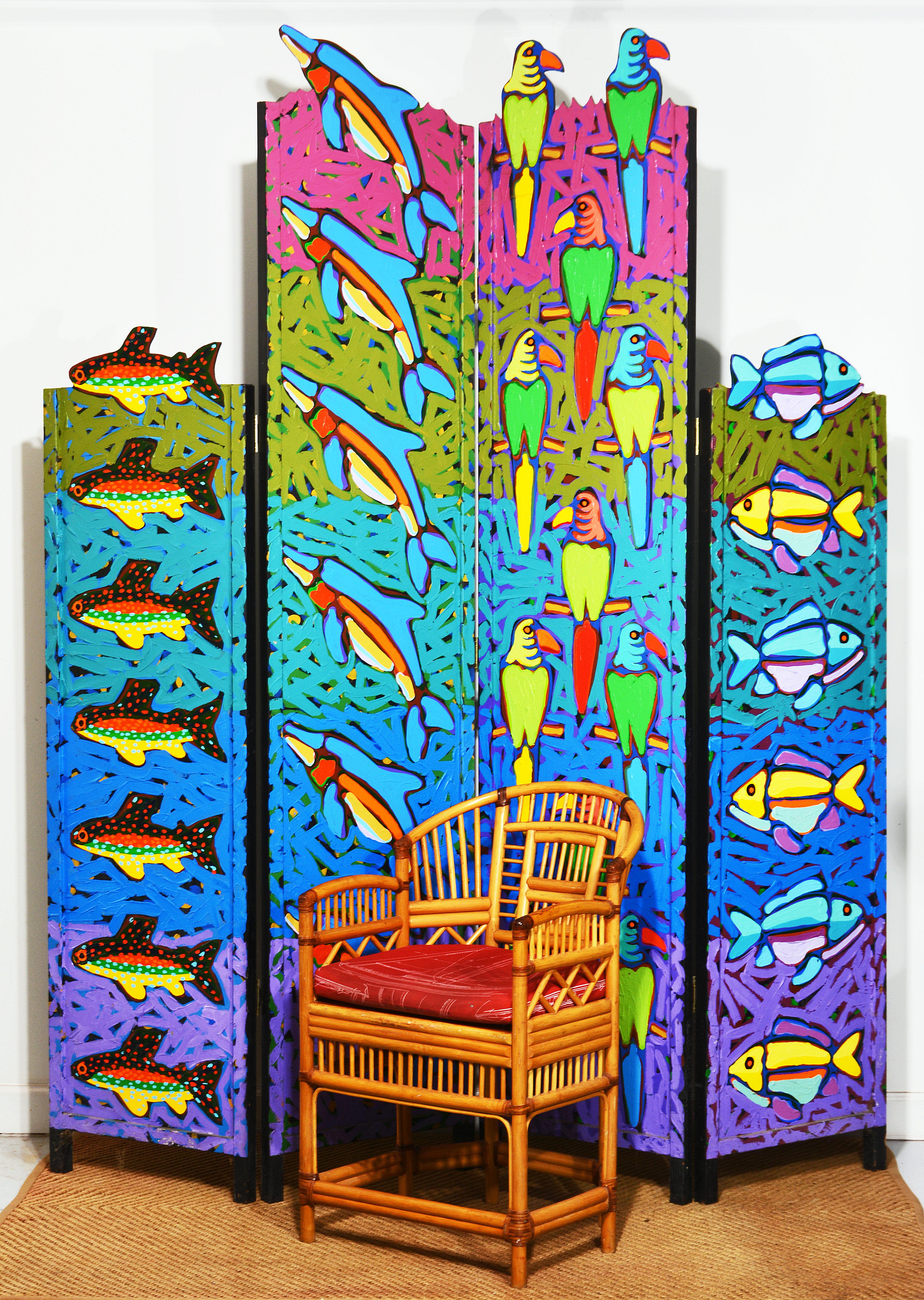 This folding screen by the Atlanta and Savannah artist and professor Sam Francis is a splendid display of vibrant colors, tropical fish and parrots. It evokes Florida notions. As a painting it stretches out beyound traditional limits braking the