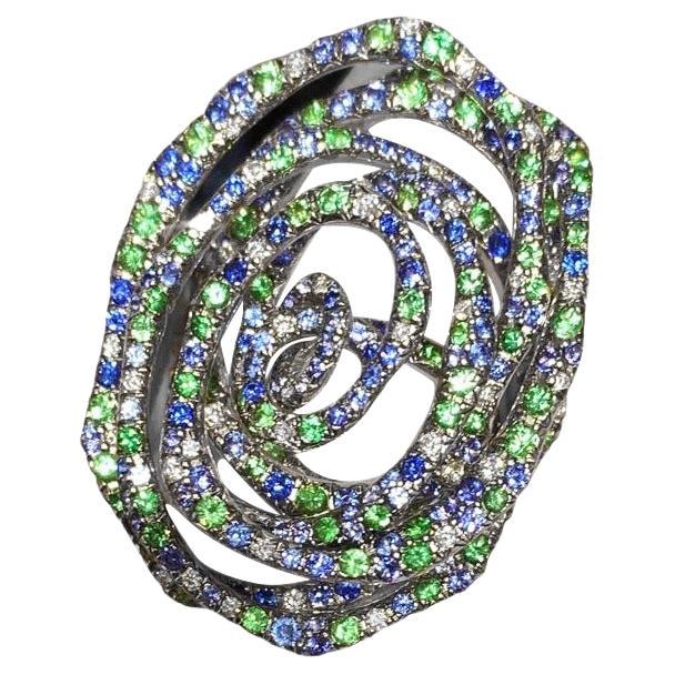 Unique Tsavorite Blue Sapphire White Diamond White Gold 18K Ring for Her