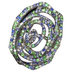 Used Unique Tsavorite Blue Sapphire White Diamond White Gold 18K Ring for Her