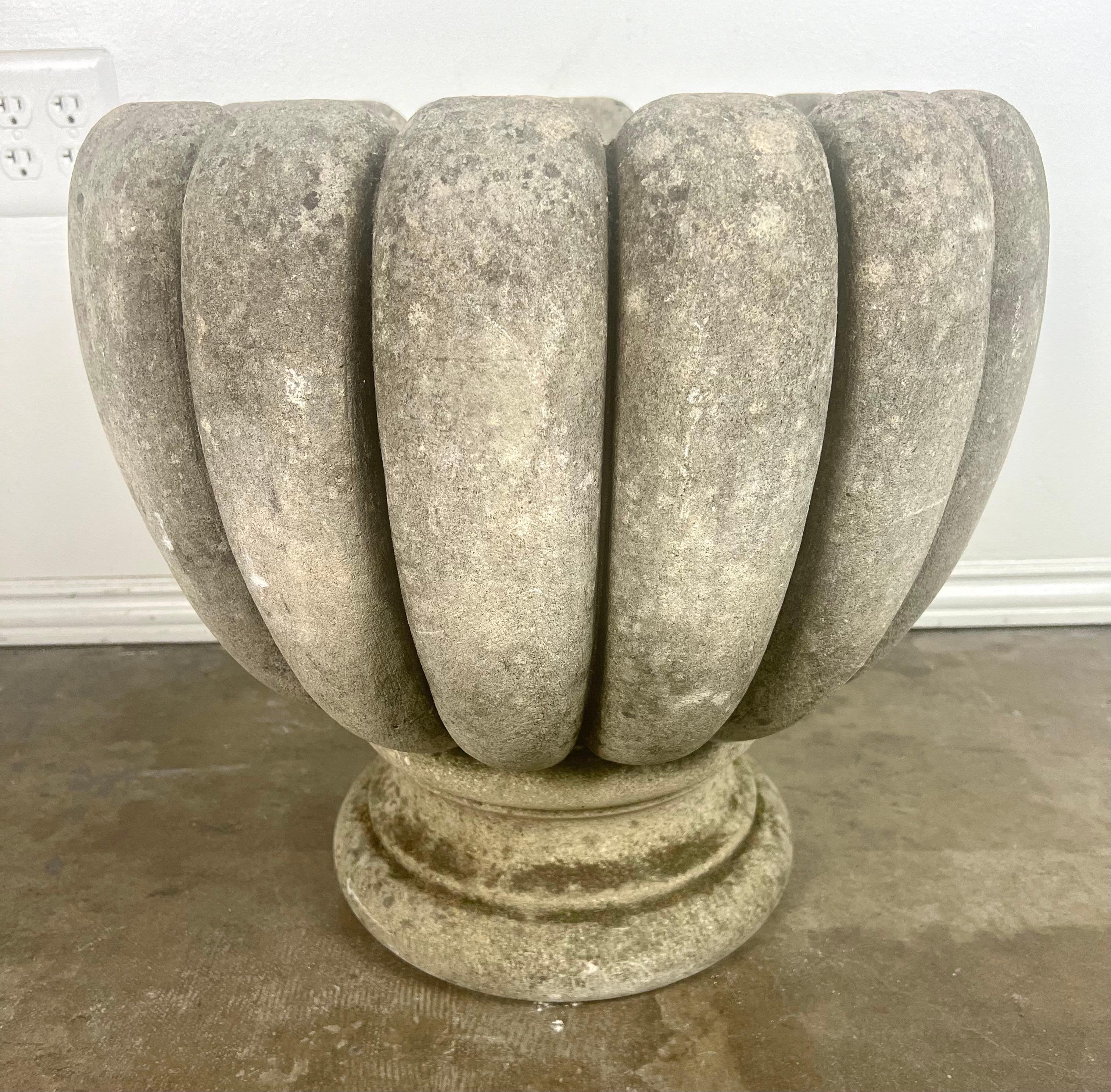 This Italian tulip-shaped urn or planter, crafted from cement, combines robust functionality with aesthetic grace, making it a striking addition to any garden setting.  The tulip shape is unique, providing a soft, curved outline that contrasts
