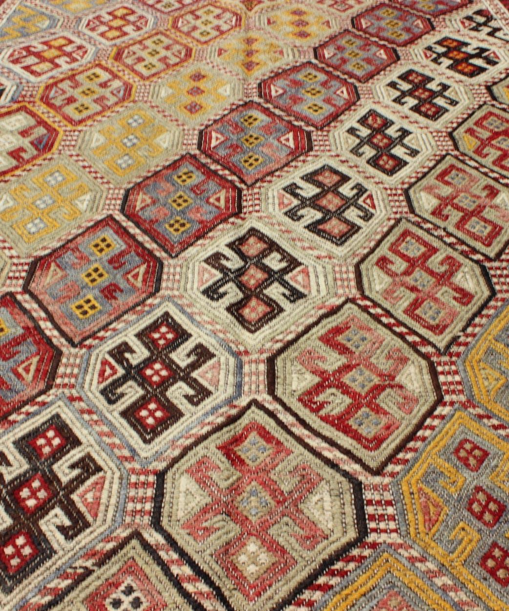 Hand-Knotted Unique Turkish Kilim Rug with Multi-Colored Diamond Geometric Shapes