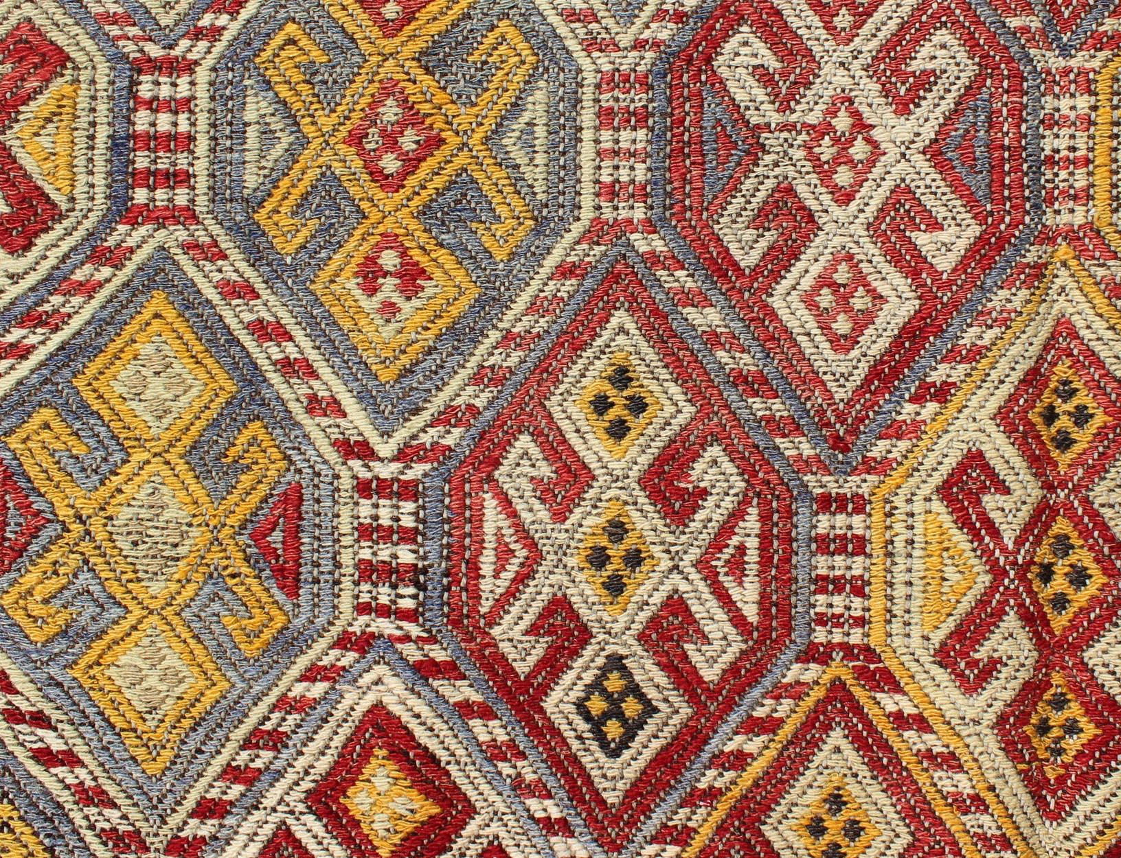 Wool Unique Turkish Kilim Rug with Multi-Colored Diamond Geometric Shapes