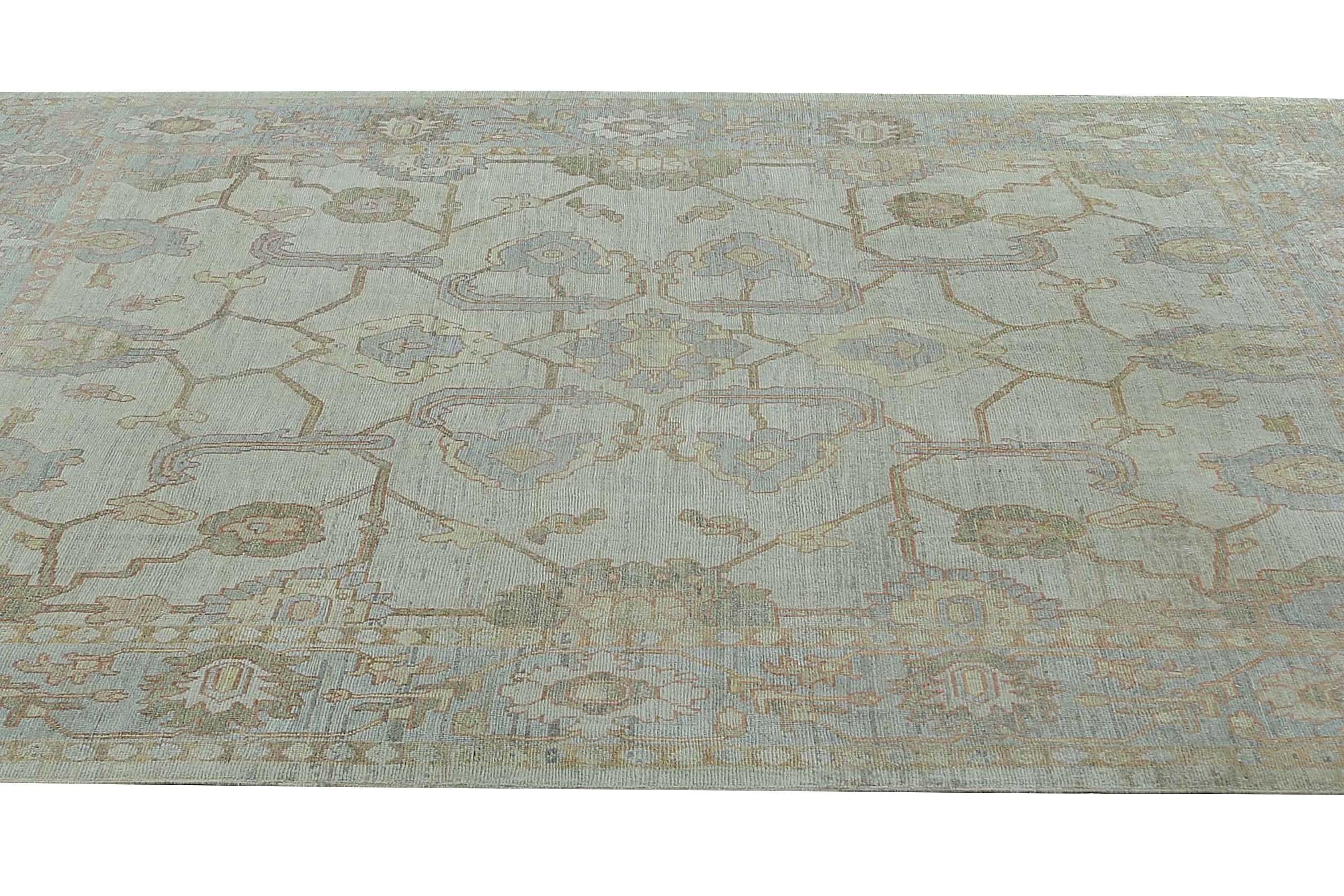 Alfombra Afgana Oushak Circa 1990 - Lana Azul Diseño Marfil - 95472 en venta 6