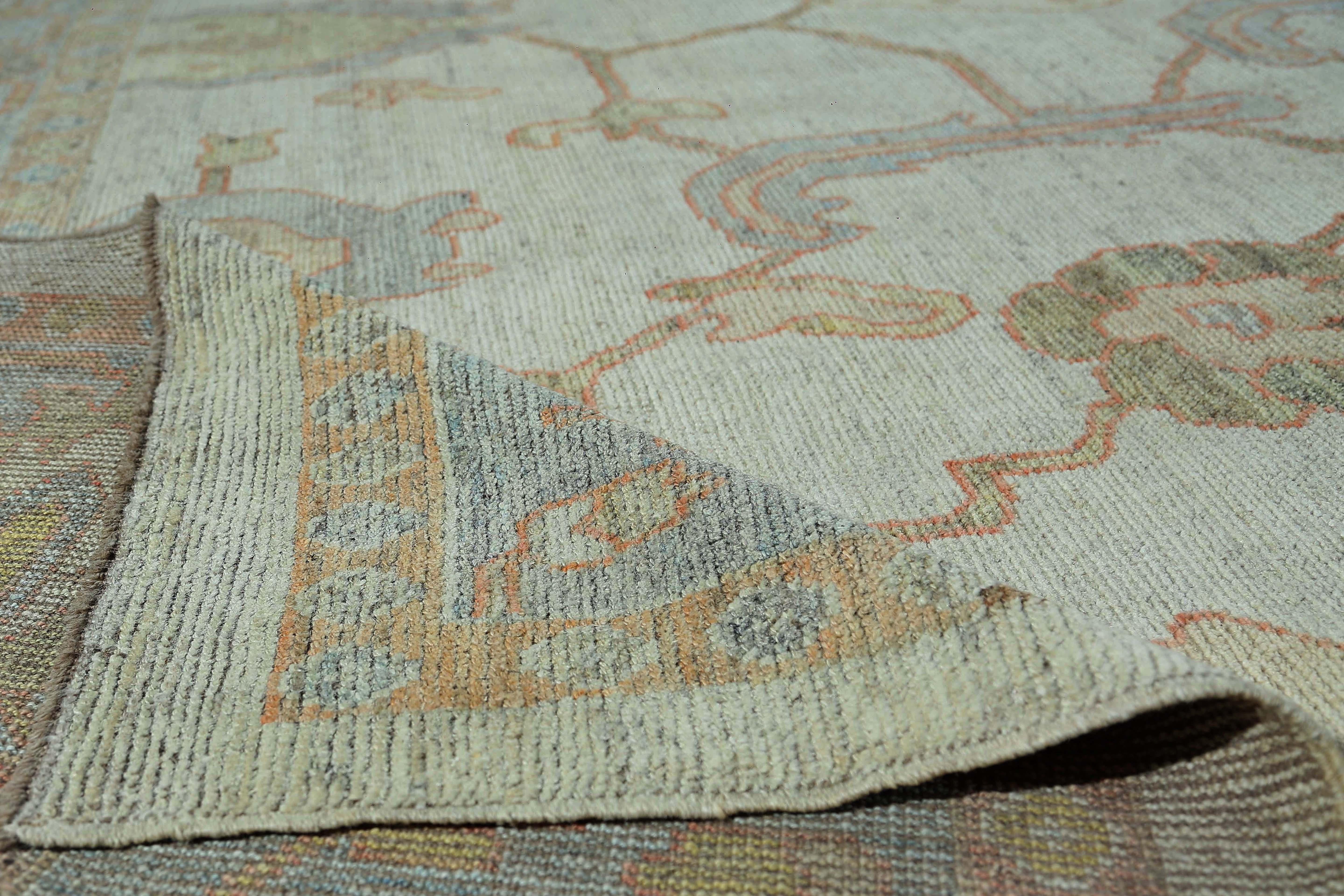 Alfombra Afgana Oushak Circa 1990 - Lana Azul Diseño Marfil - 95472 en venta 2