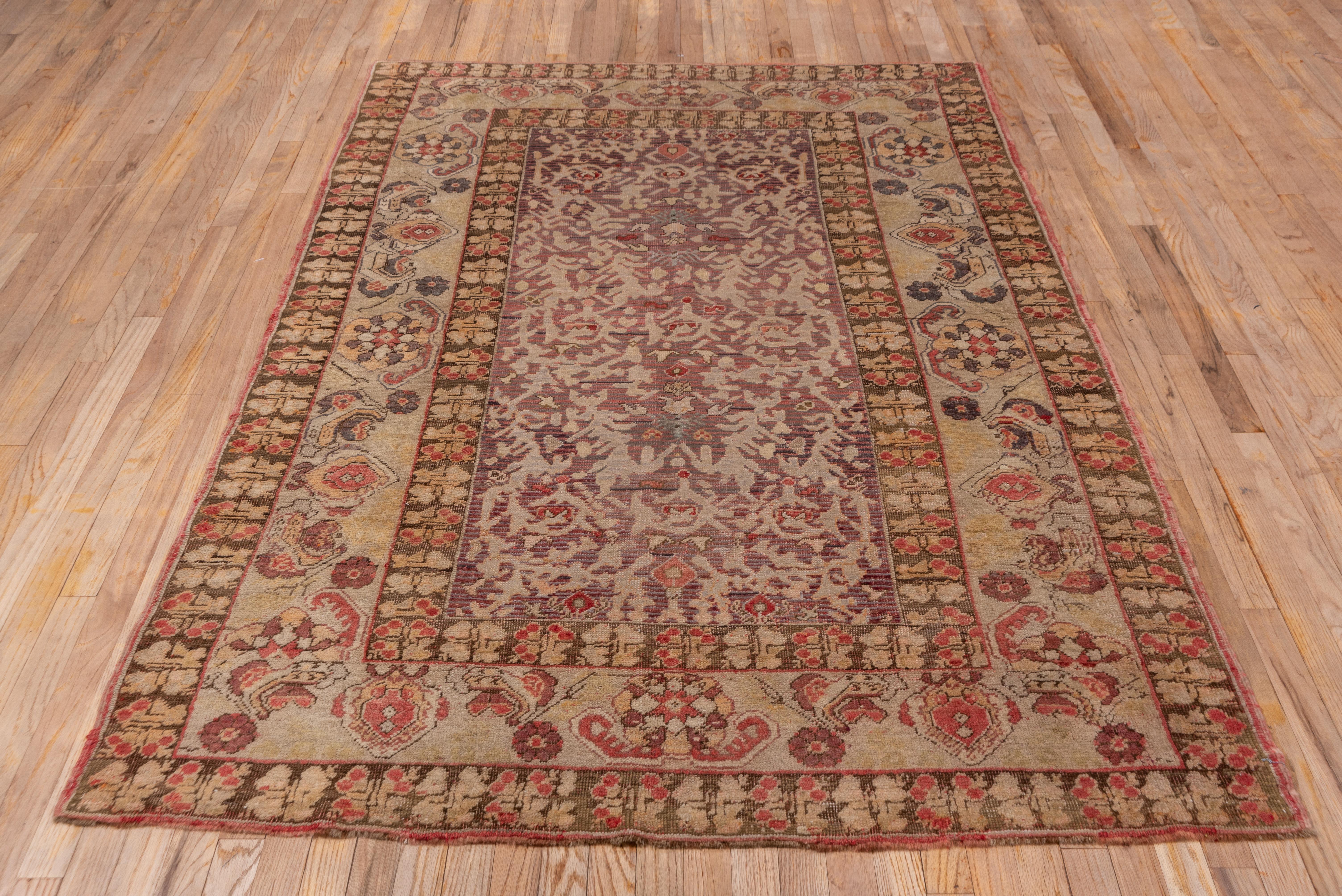 Wool Unique Turkish Oushak Rug, Purple and Red Field, High Low Pile