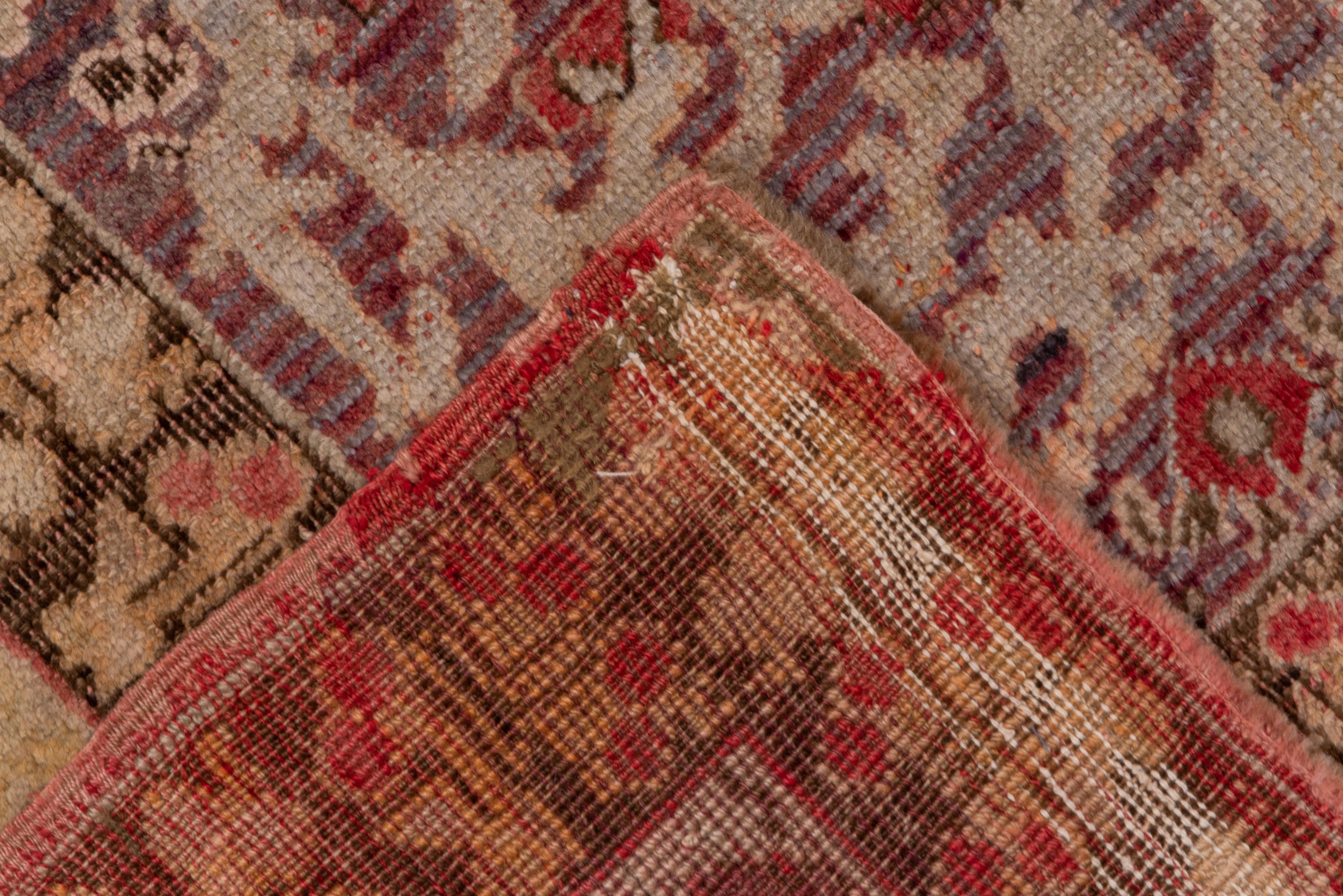 Unique Turkish Oushak Rug, Purple and Red Field, High Low Pile 1