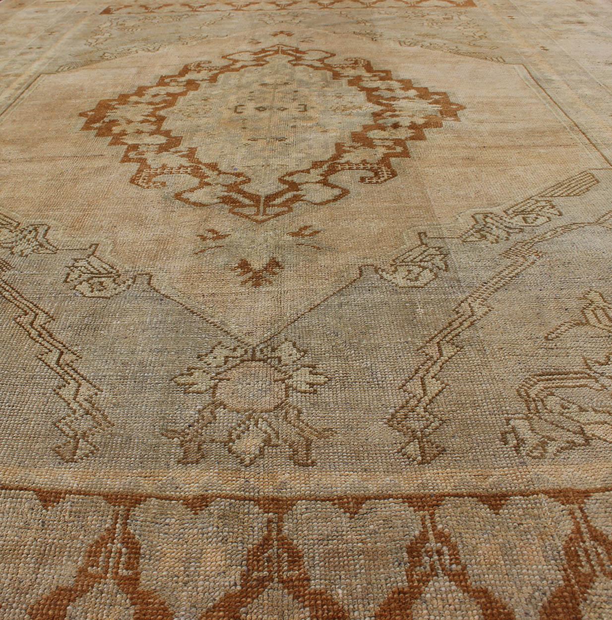 Unique Turkish Oushak Rug with Muted Colors in Taupe, Gray, Ice Blue and L.Green For Sale 3