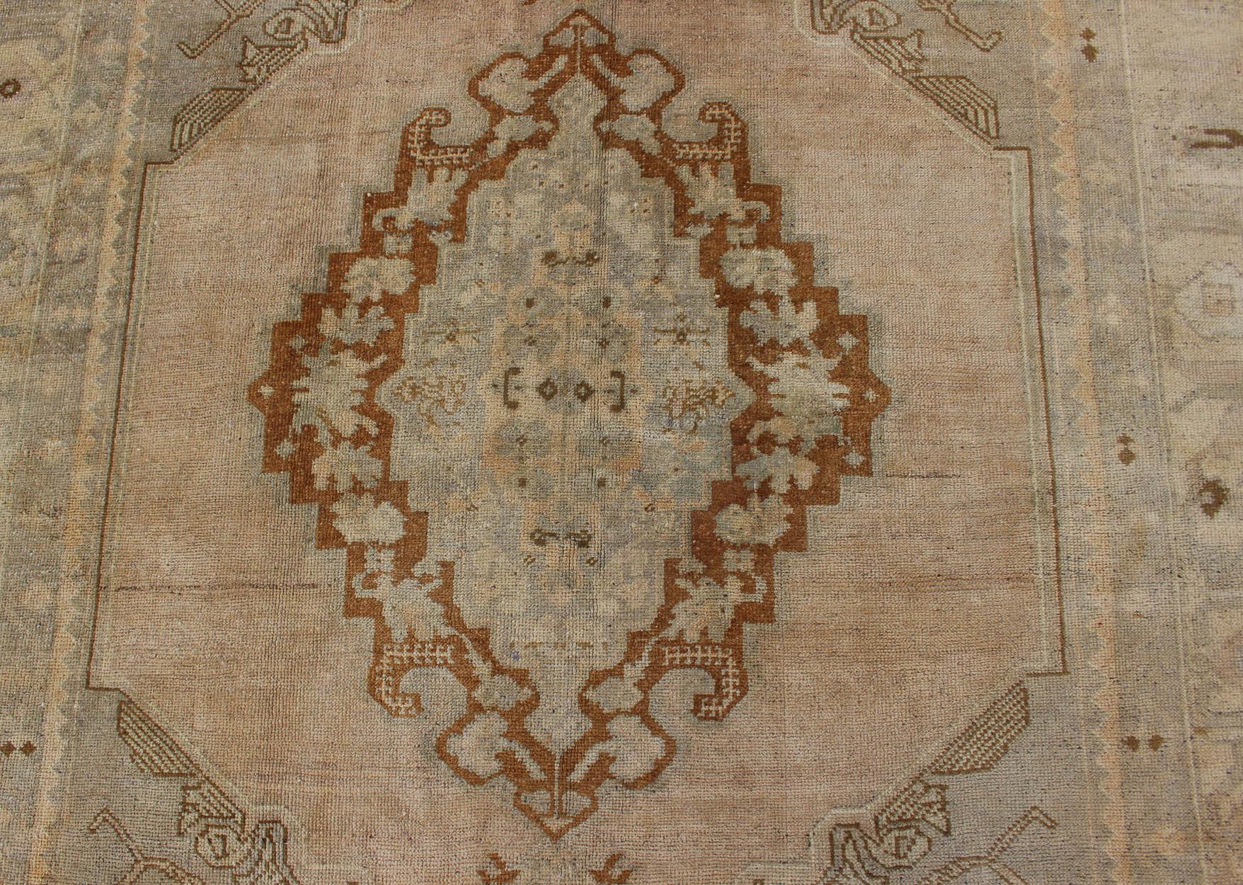 Unique Turkish Oushak Rug with Muted Colors in Taupe, Gray, Ice Blue and L.Green For Sale 4