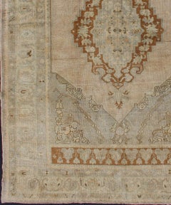 Unique Turkish Oushak Rug with Muted Colors in Taupe, Gray, Ice Blue and L.Green