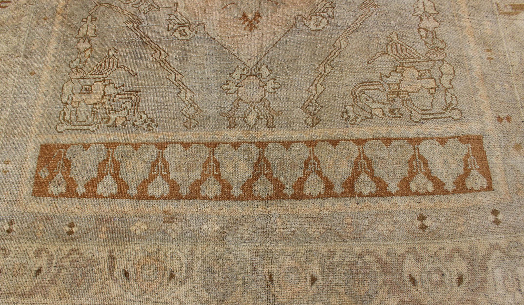 Wool Unique Turkish Oushak Rug with Muted Colors in Taupe, Gray, Ice Blue and L.Green For Sale