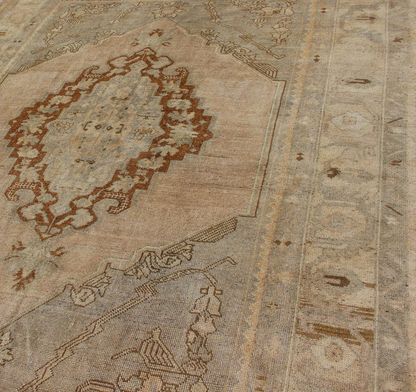 Unique Turkish Oushak Rug with Muted Colors in Taupe, Gray, Ice Blue and L.Green For Sale 1