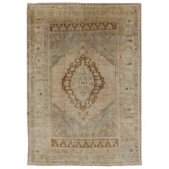 Vintage Unique Turkish Oushak Rug with Muted Colors in Taupe, Gray, Ice Blue and L.Green