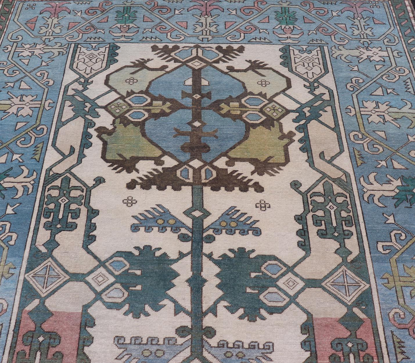 20th Century Unique Turkish Rug with Bold Florals in Lt, blue, Lt, Green, Teal & Pink  For Sale