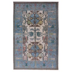 Retro Unique Turkish Rug with Bold Florals in Lt, blue, Lt, Green, Teal & Pink 