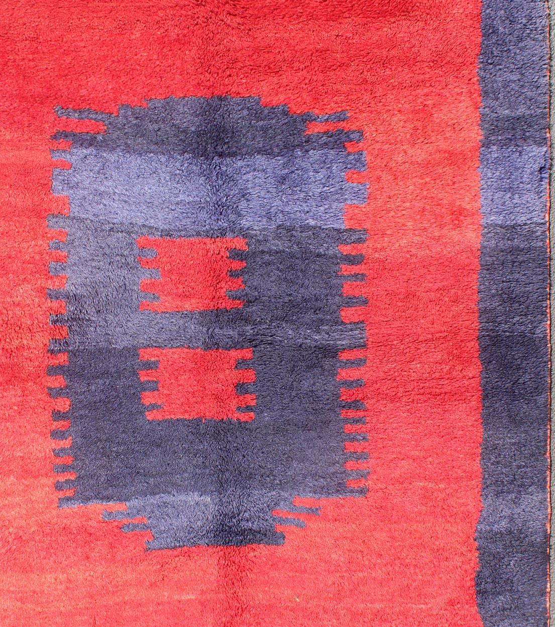  Turkish Tulu Rug with Modern Minimalist Design in Blue, Red and Luxurious Wool In Excellent Condition For Sale In Atlanta, GA