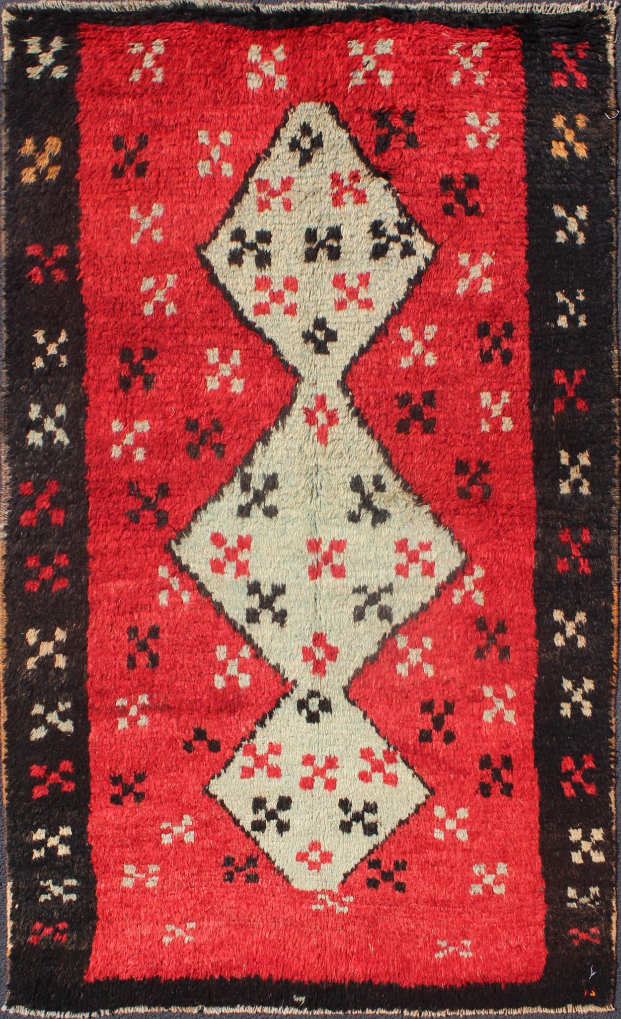 Hand-Knotted Unique Turkish Tulu Rug with Cream Medallions Red Background Chocolate Border For Sale