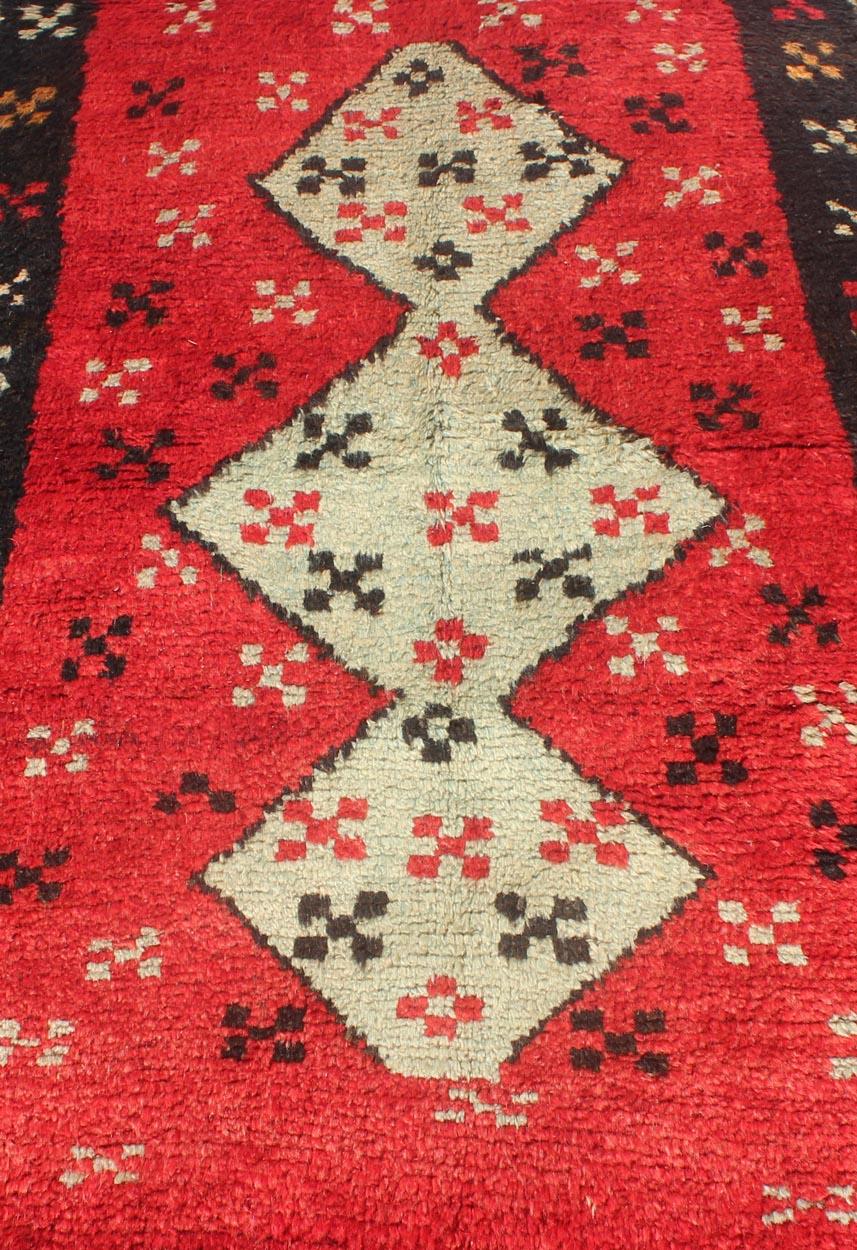 Mid-19th Century Unique Turkish Tulu Rug with Cream Medallions Red Background Chocolate Border For Sale