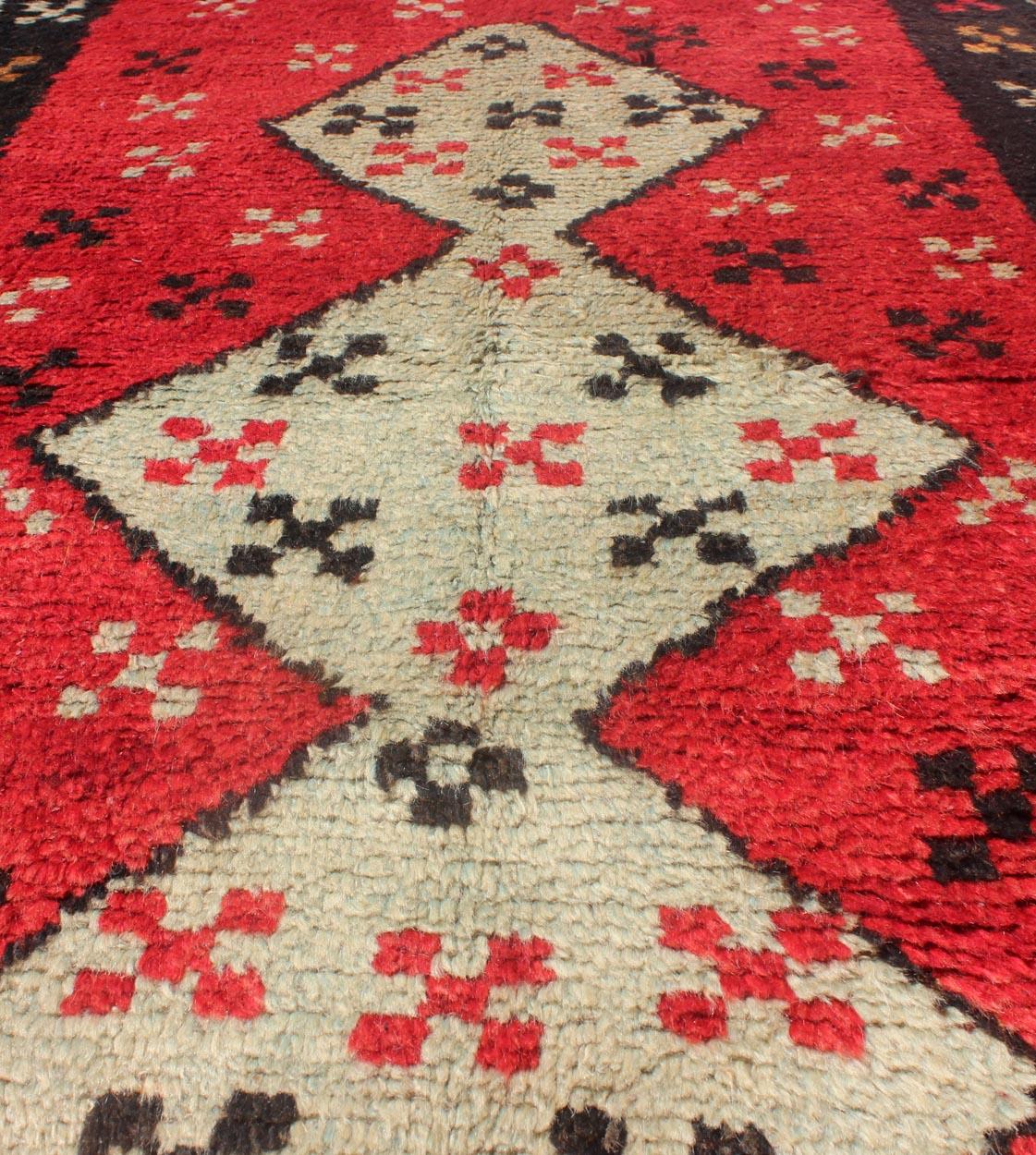 Wool Unique Turkish Tulu Rug with Cream Medallions Red Background Chocolate Border For Sale