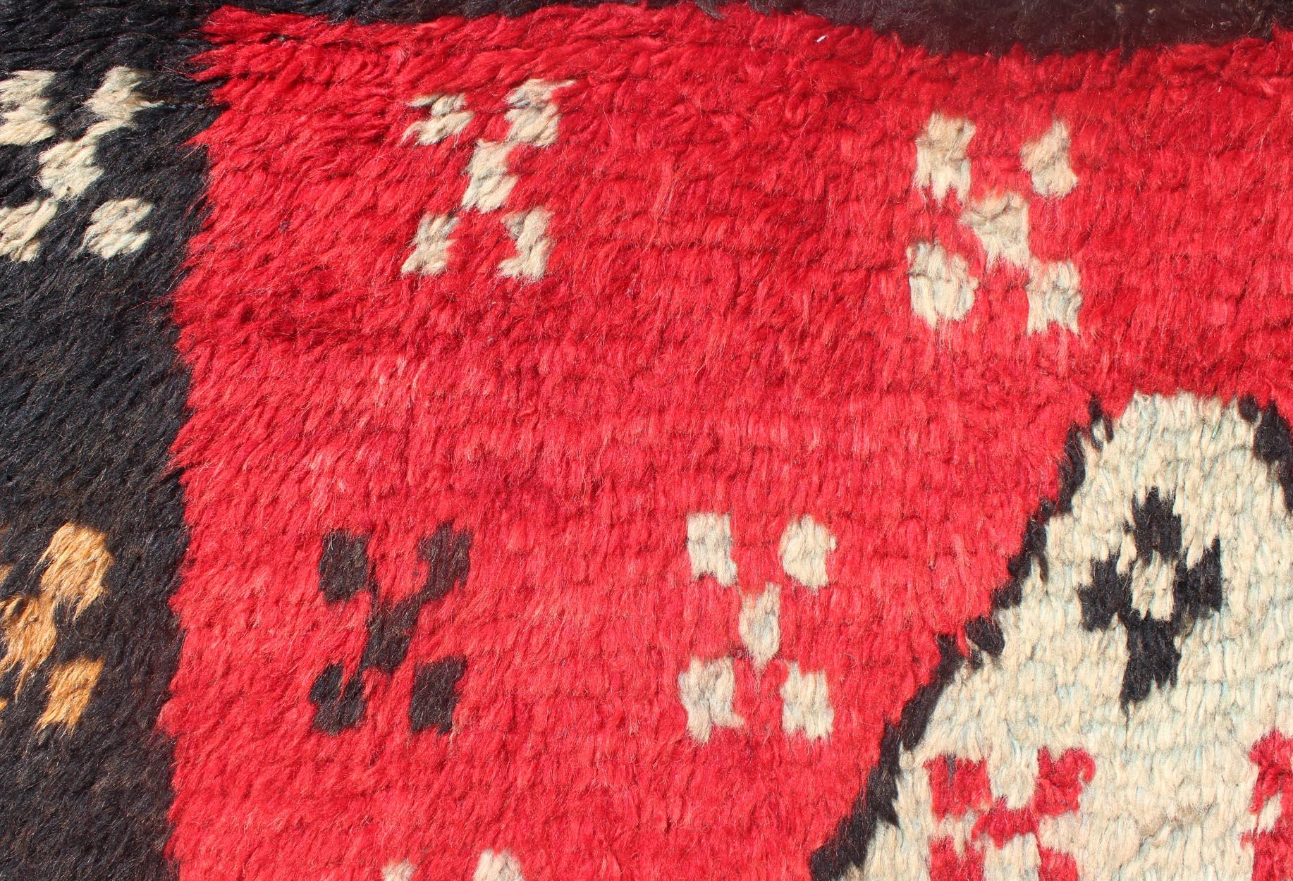 Unique Turkish Tulu Rug with Cream Medallions Red Background Chocolate Border For Sale 2