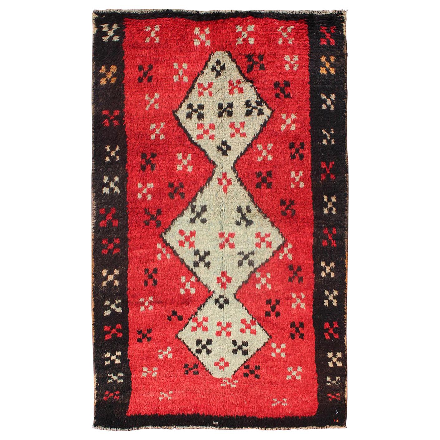 Unique Turkish Tulu Rug with Cream Medallions Red Background Chocolate Border For Sale