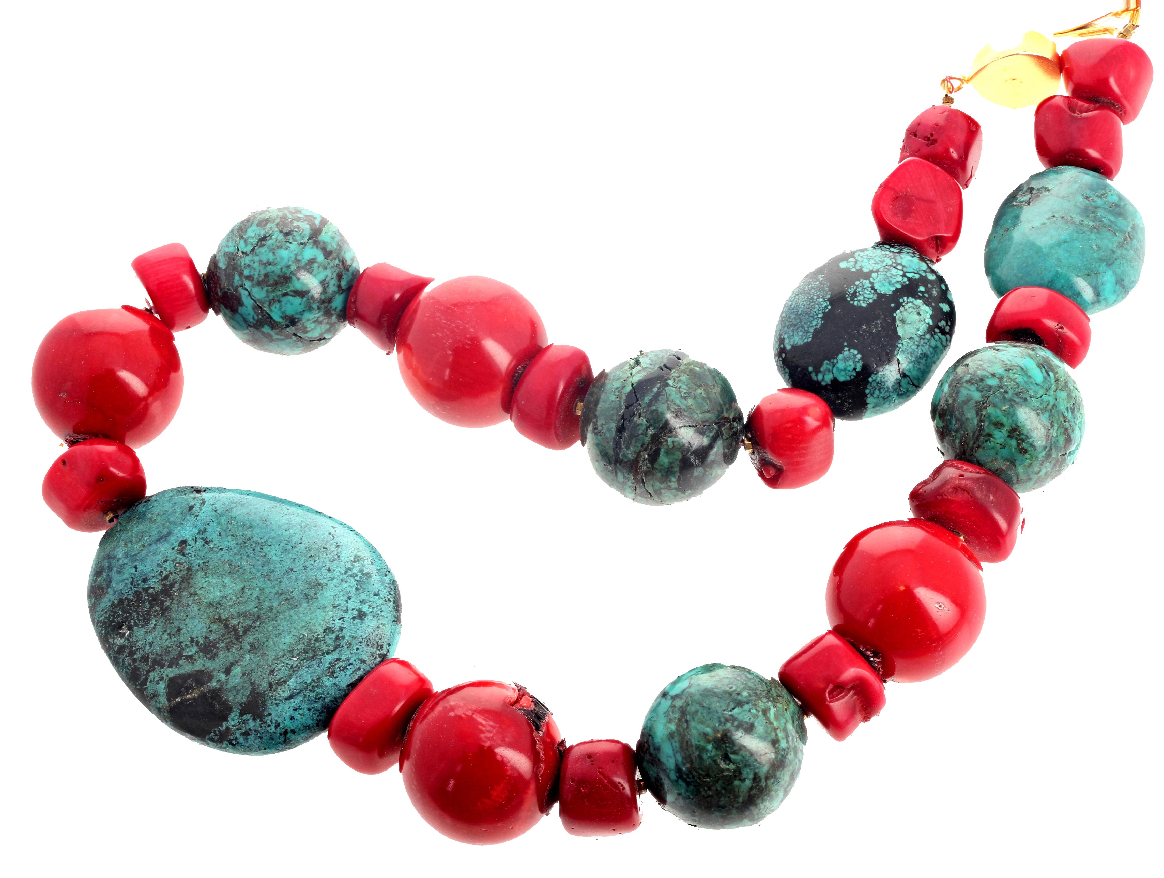 Mixed Cut AJD Huge Dramatic Natural Turquoise and Real Bamboo Coral Necklace For Sale