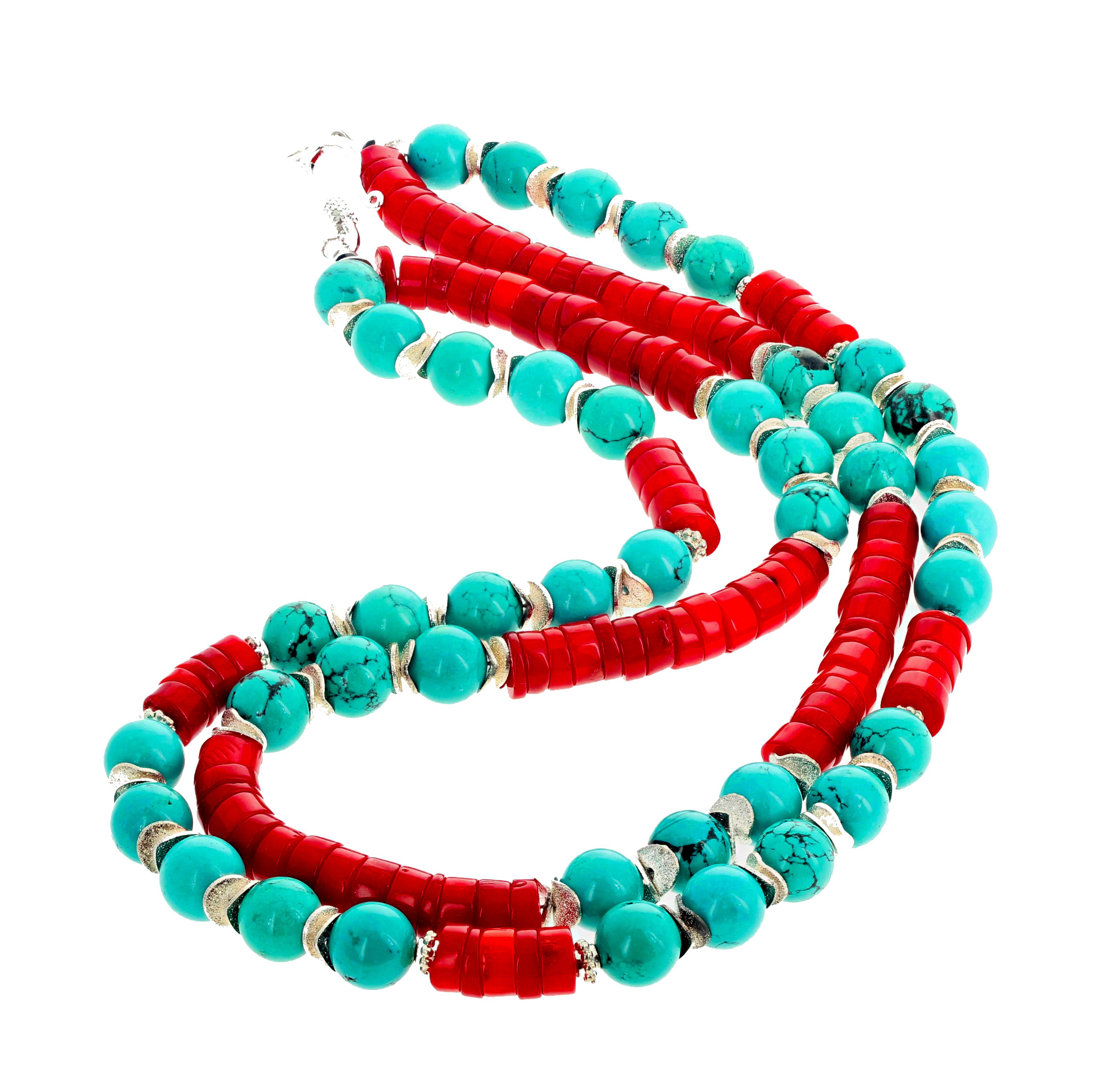 Mixed Cut Gemjunky BoHo Chic Turquoise and Red Bamboo Coral Double Strand Necklace