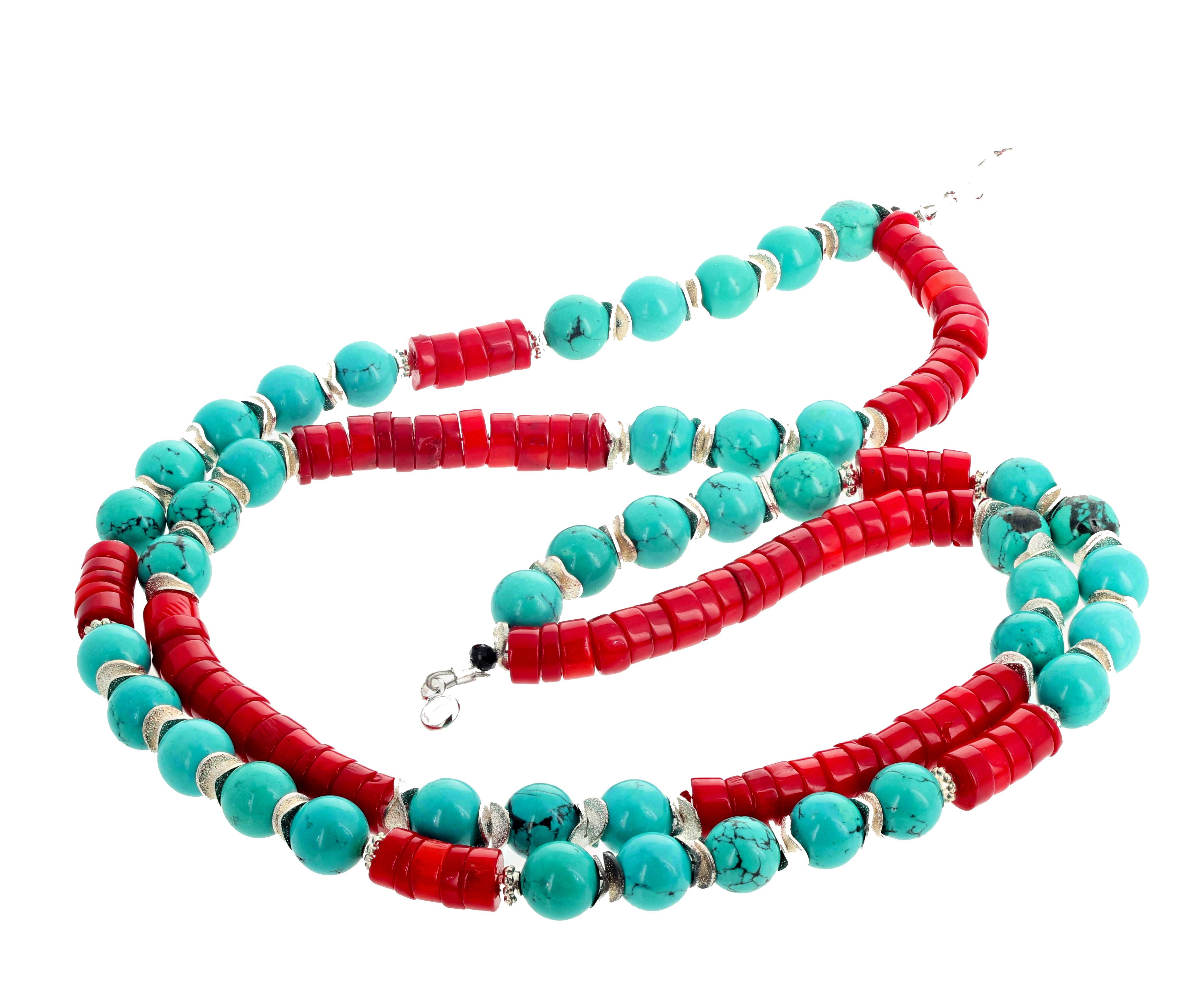 Gemjunky BoHo Chic Turquoise and Red Bamboo Coral Double Strand Necklace im Zustand „Neu“ in Raleigh, NC