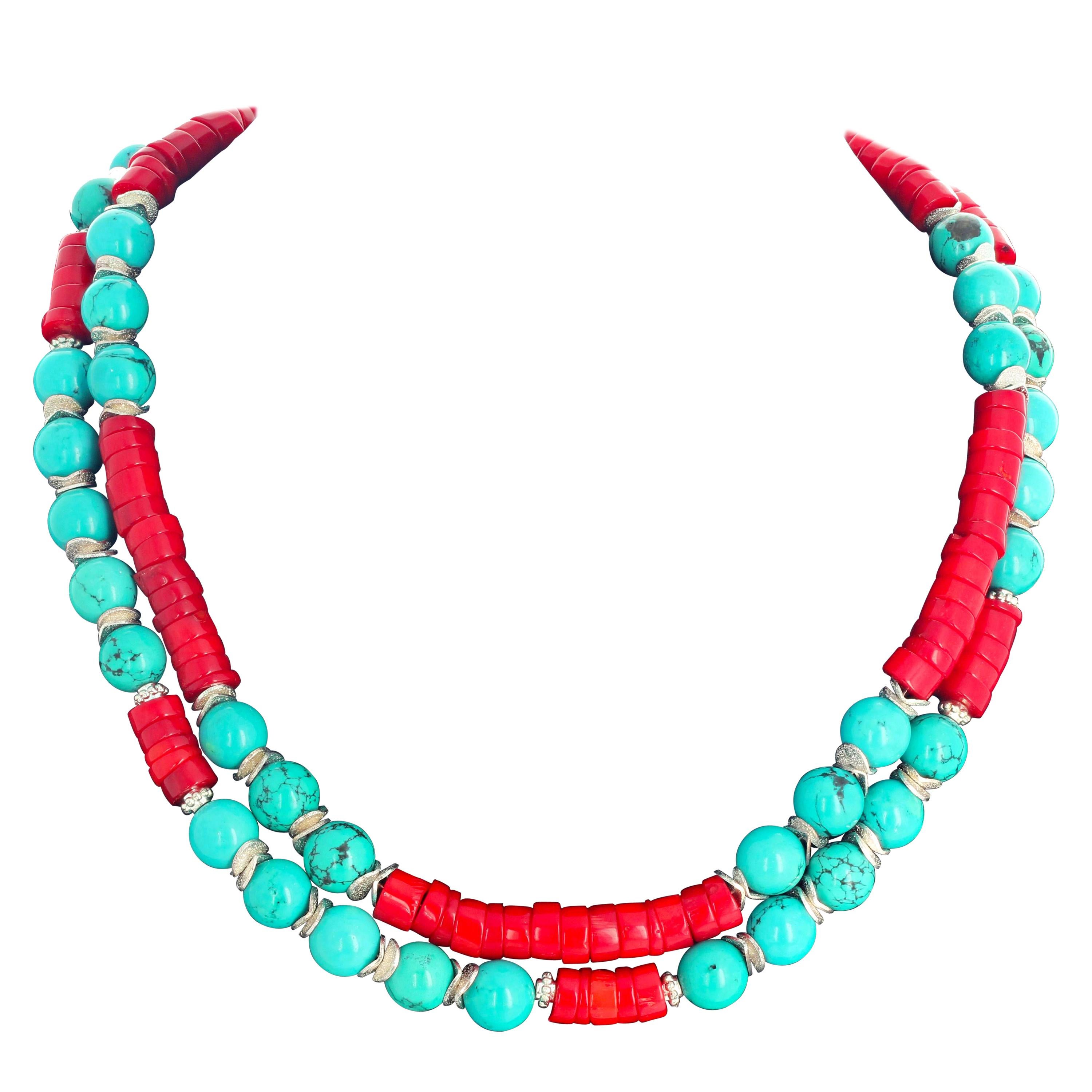 Gemjunky BoHo Chic Turquoise and Red Bamboo Coral Double Strand Necklace