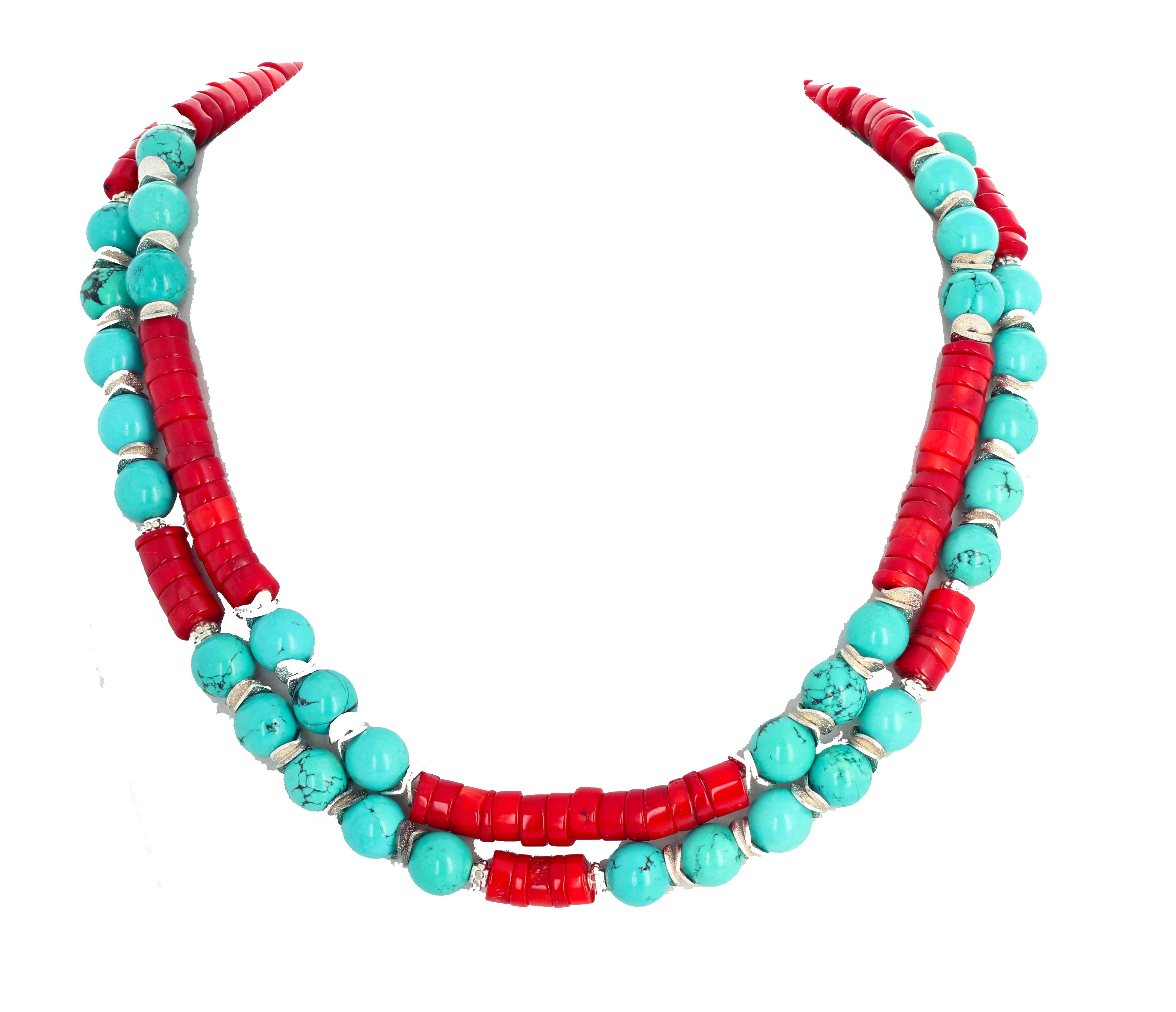 Double strand of highly polished round blue Turquoise enhanced with rondels of polished red Bamboo Coral set in this 19 inch long unique necklace with silver hook easy to use clasp. 