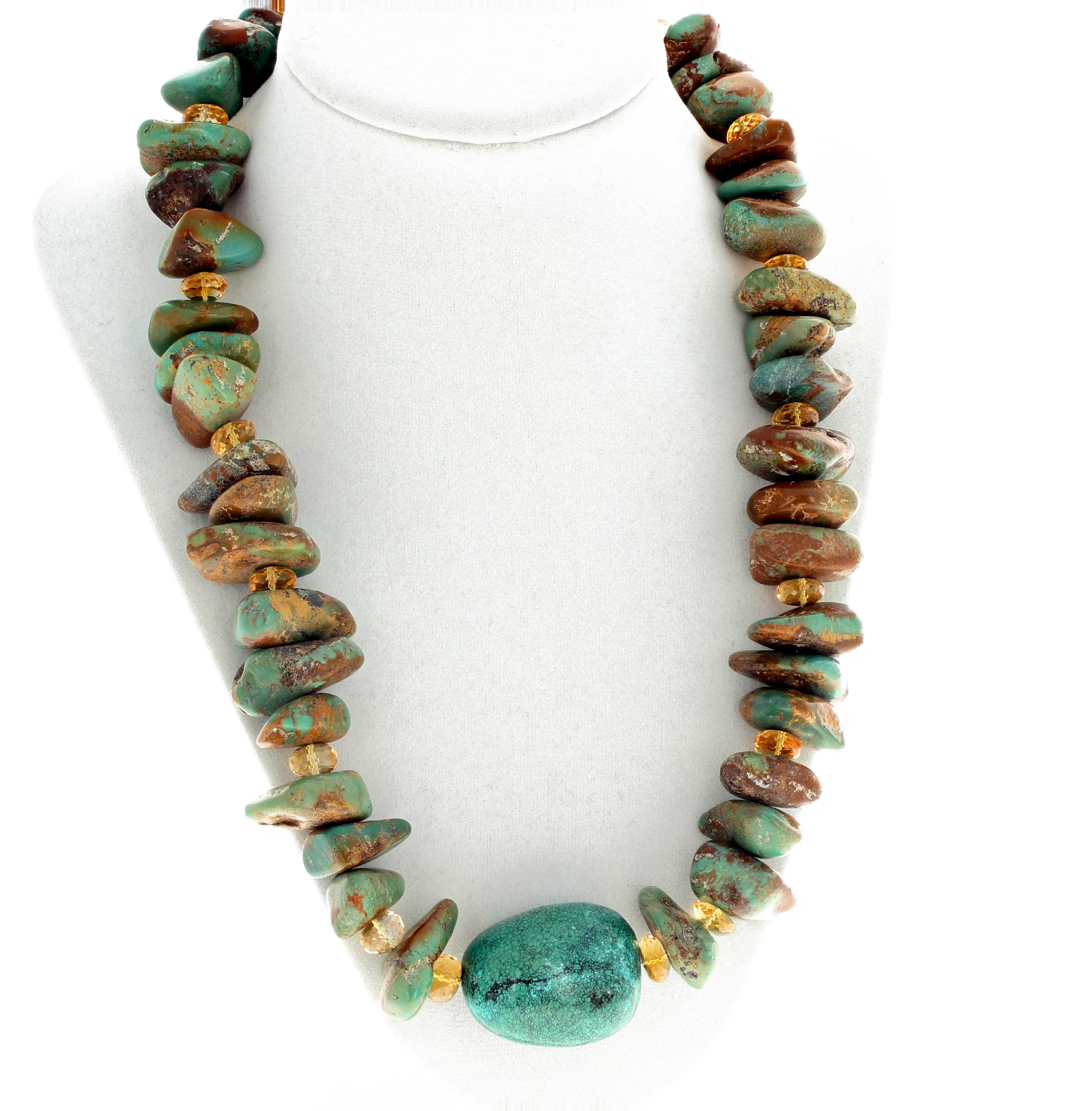 Gemjunky Fascinating Large Natural Turquoise and Turquoise and Citrine Necklace In New Condition In Raleigh, NC