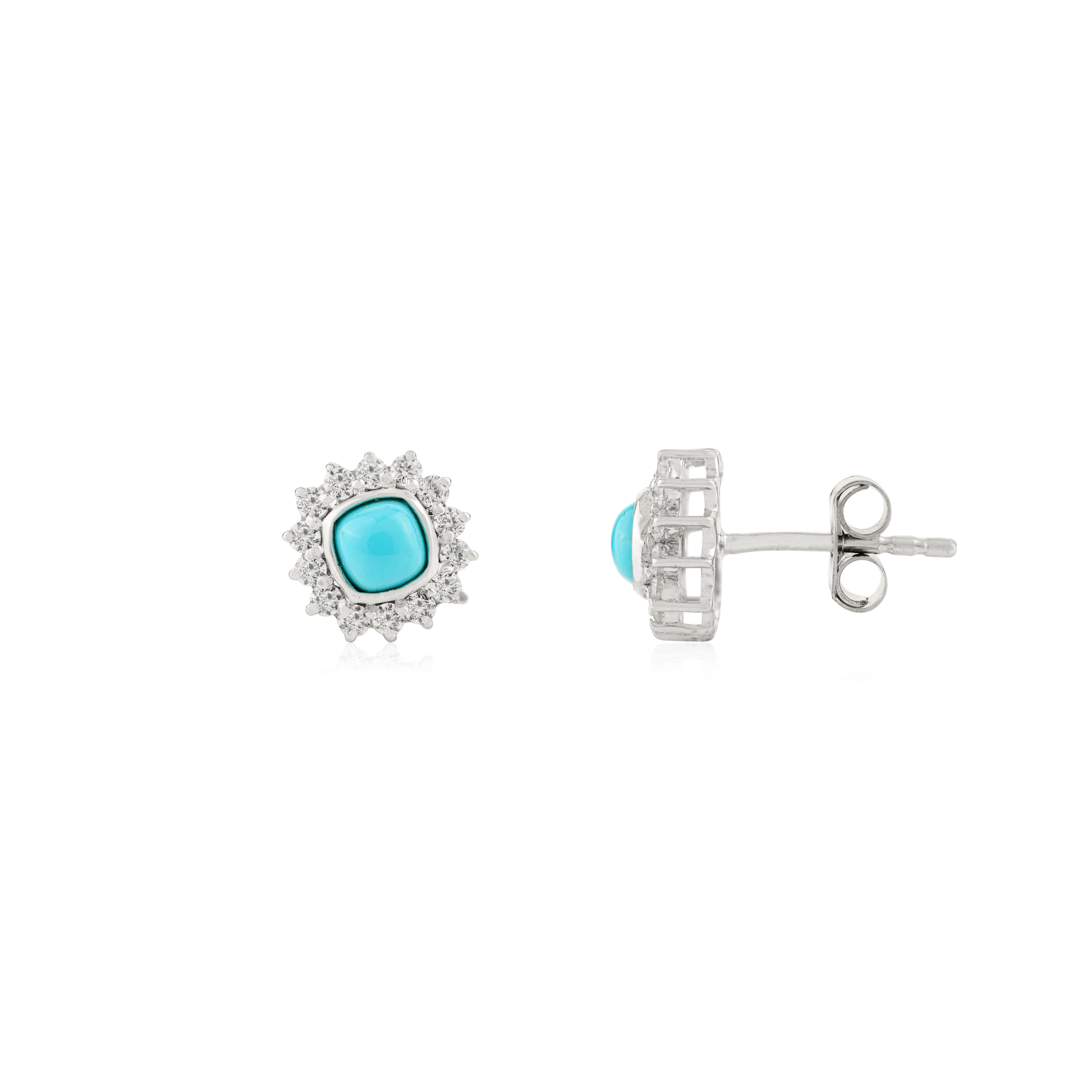 Art nouveau Boucles d'oreilles en argent avec cabochon de turquoise et zircon étincelant en forme de soleil en vente