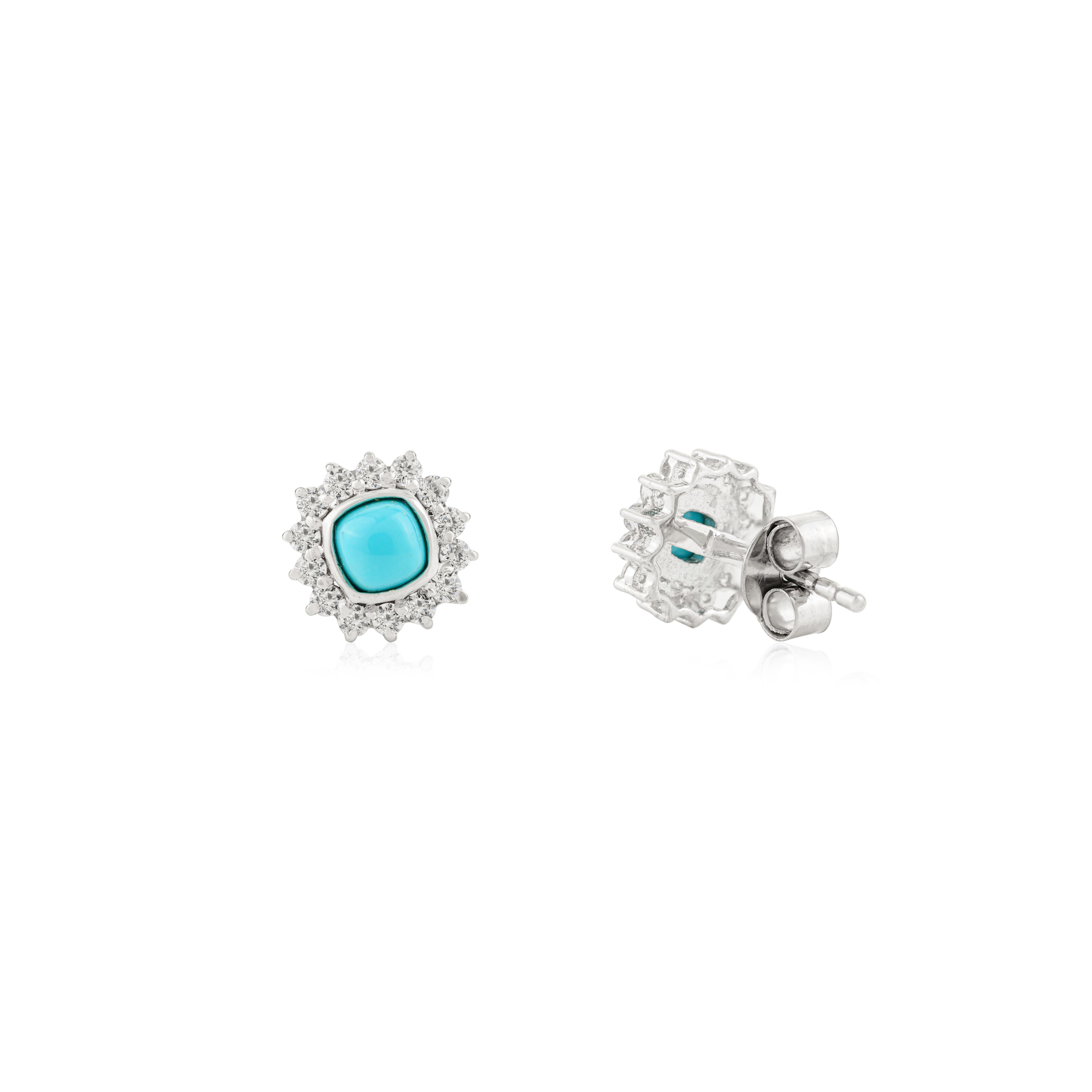Boucles d'oreilles en argent avec cabochon de turquoise et zircon étincelant en forme de soleil Neuf - En vente à New York, NY