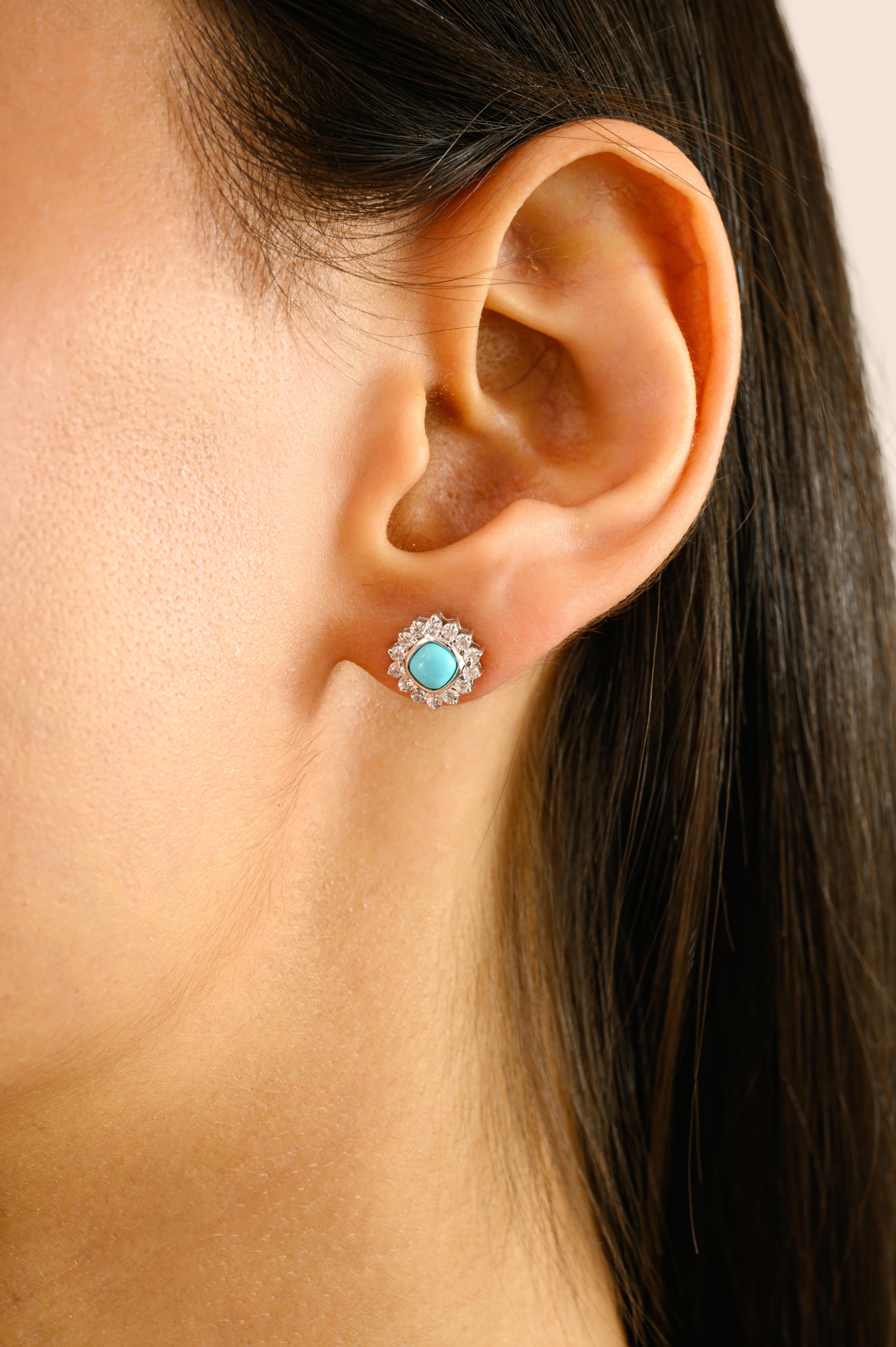 Boucles d'oreilles en argent avec cabochon de turquoise et zircon étincelant en forme de soleil Pour femmes en vente