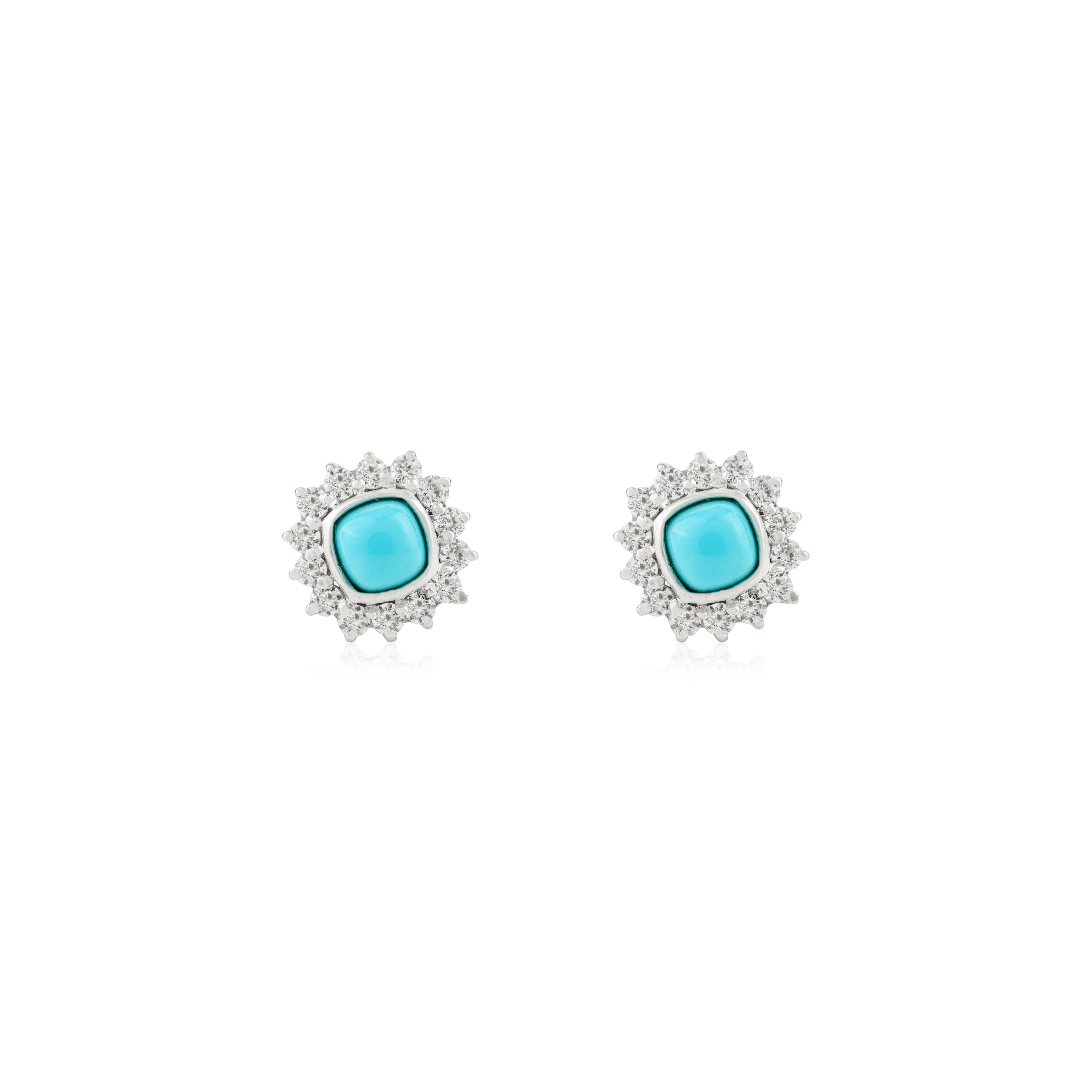 Boucles d'oreilles en argent avec cabochon de turquoise et zircon étincelant en forme de soleil en vente 1