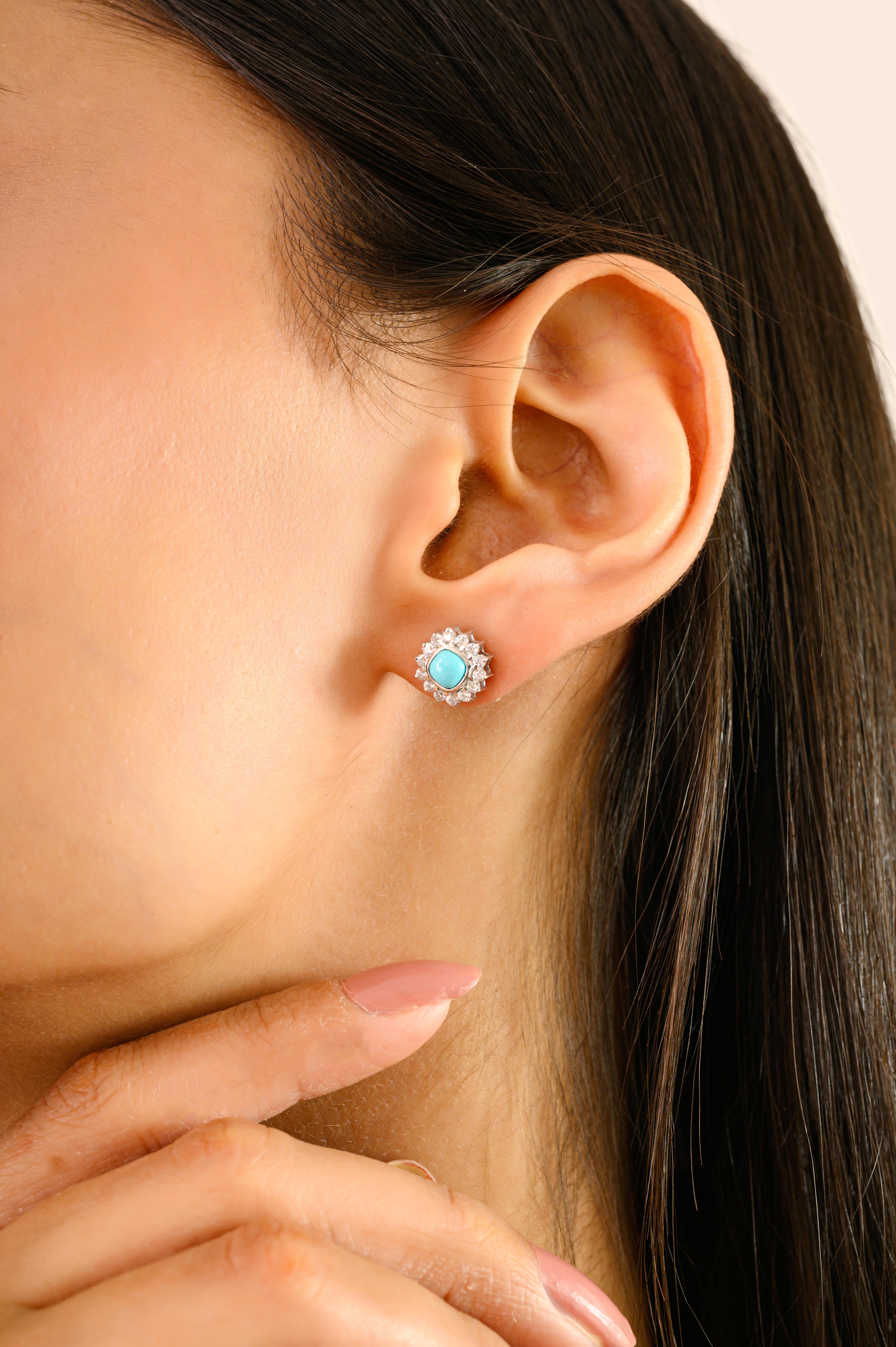 Boucles d'oreilles en argent avec cabochon de turquoise et zircon étincelant en forme de soleil en vente 2