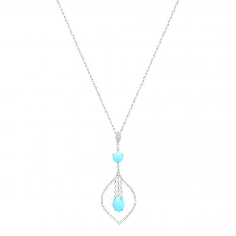 Baguette Cut  Unique Turquoise  Diamond White 14k Gold Pendant Necklace for Her For Sale