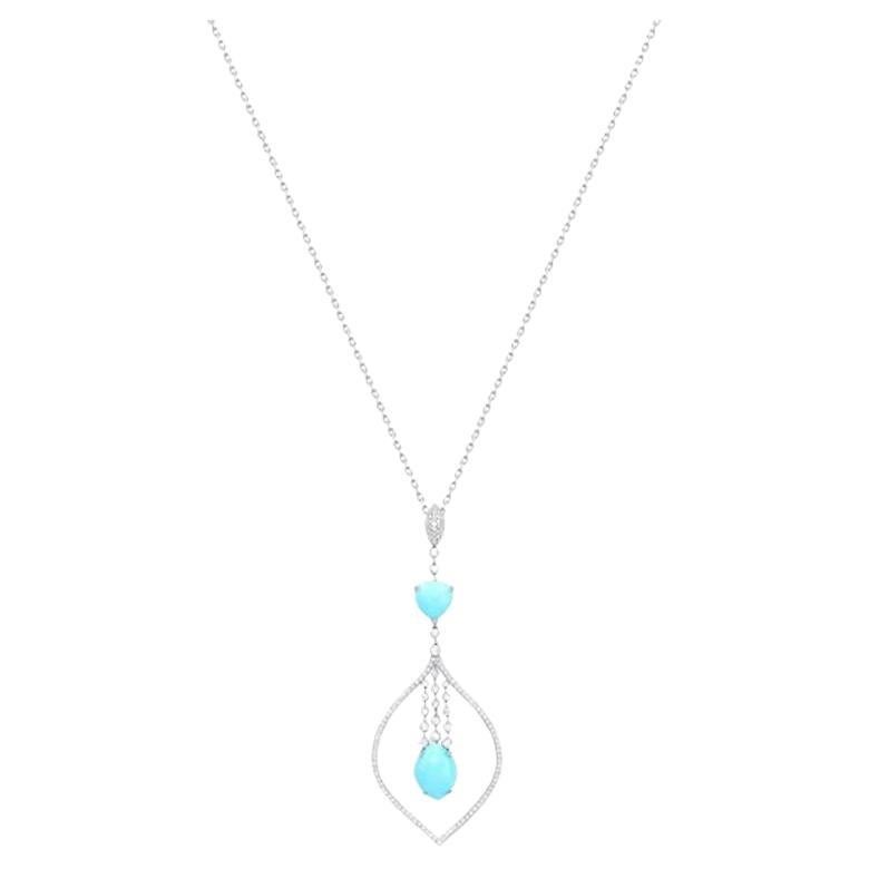  Unique Turquoise  Diamond White 14k Gold Pendant Necklace for Her