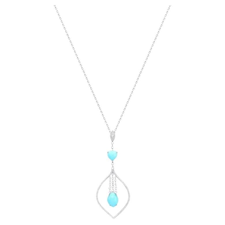 Unique Turquoise  Diamond White 14k Gold Pendant Necklace for Her For Sale