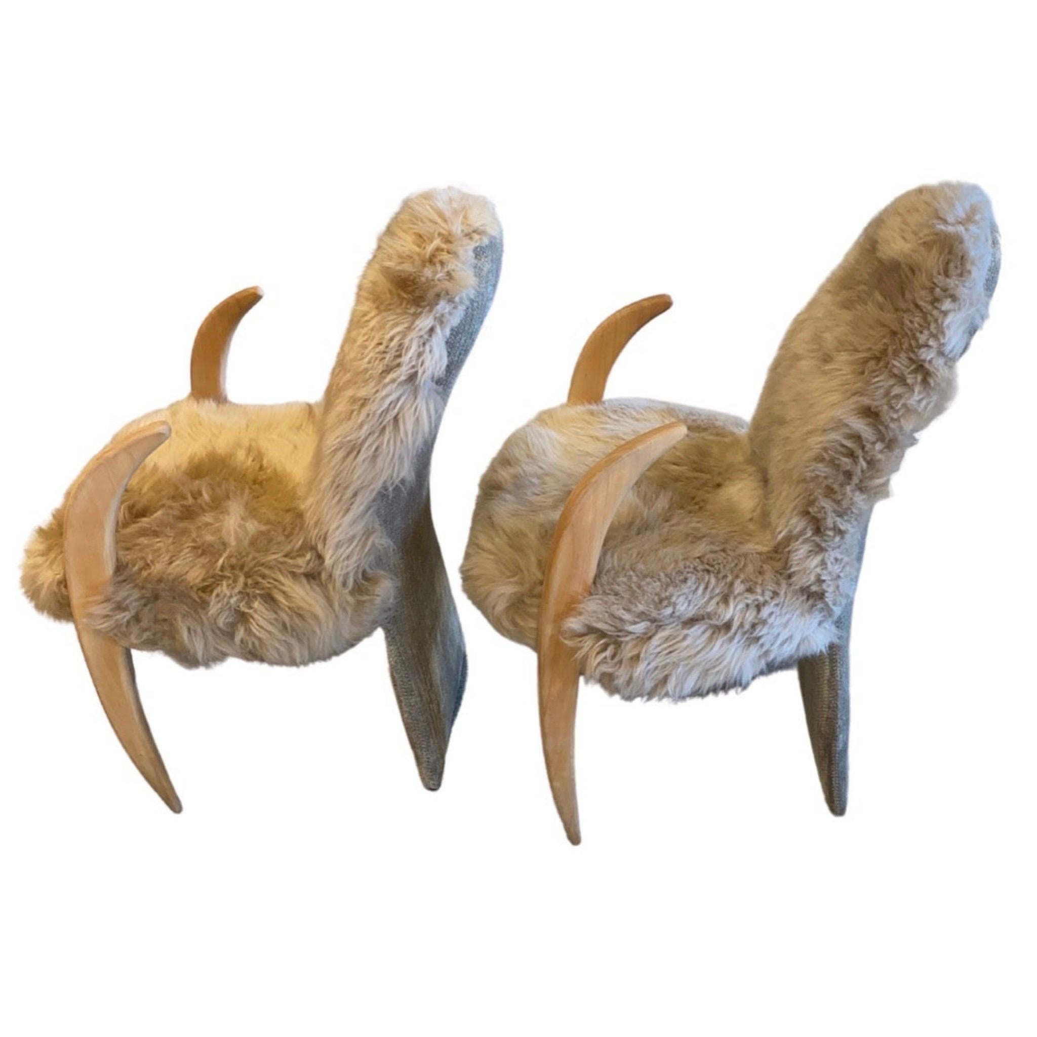Post-Modern Unique Tusk Style Chairs with New Sheepskin and Fabric Upholstery For Sale