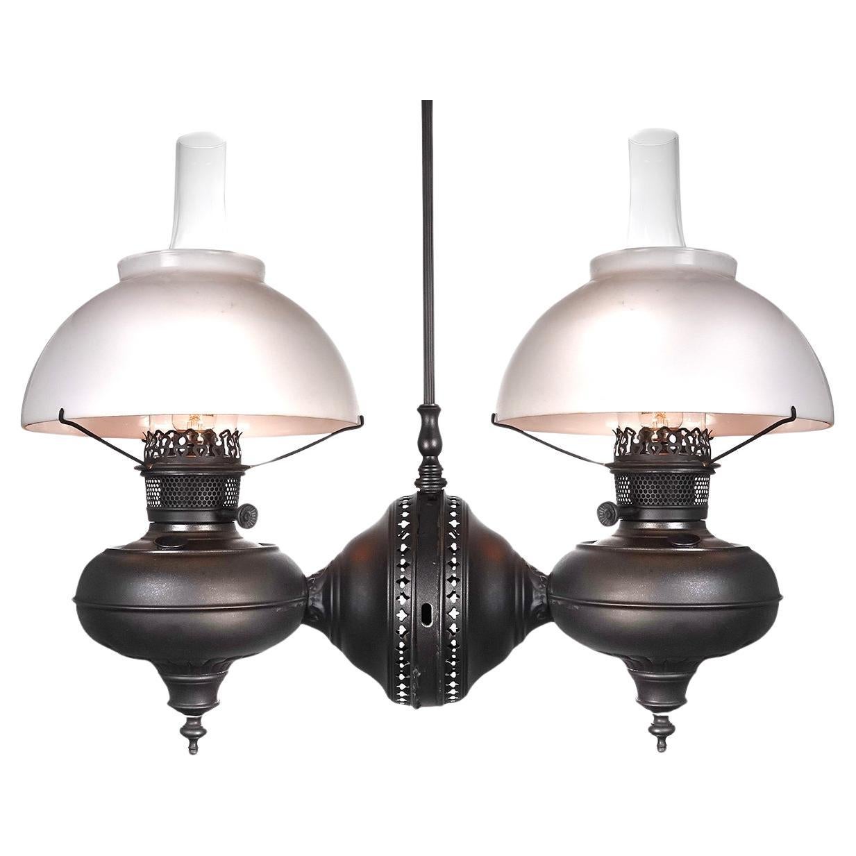 Unique Twin Oil Lamp Chandelier - Newly Electrified