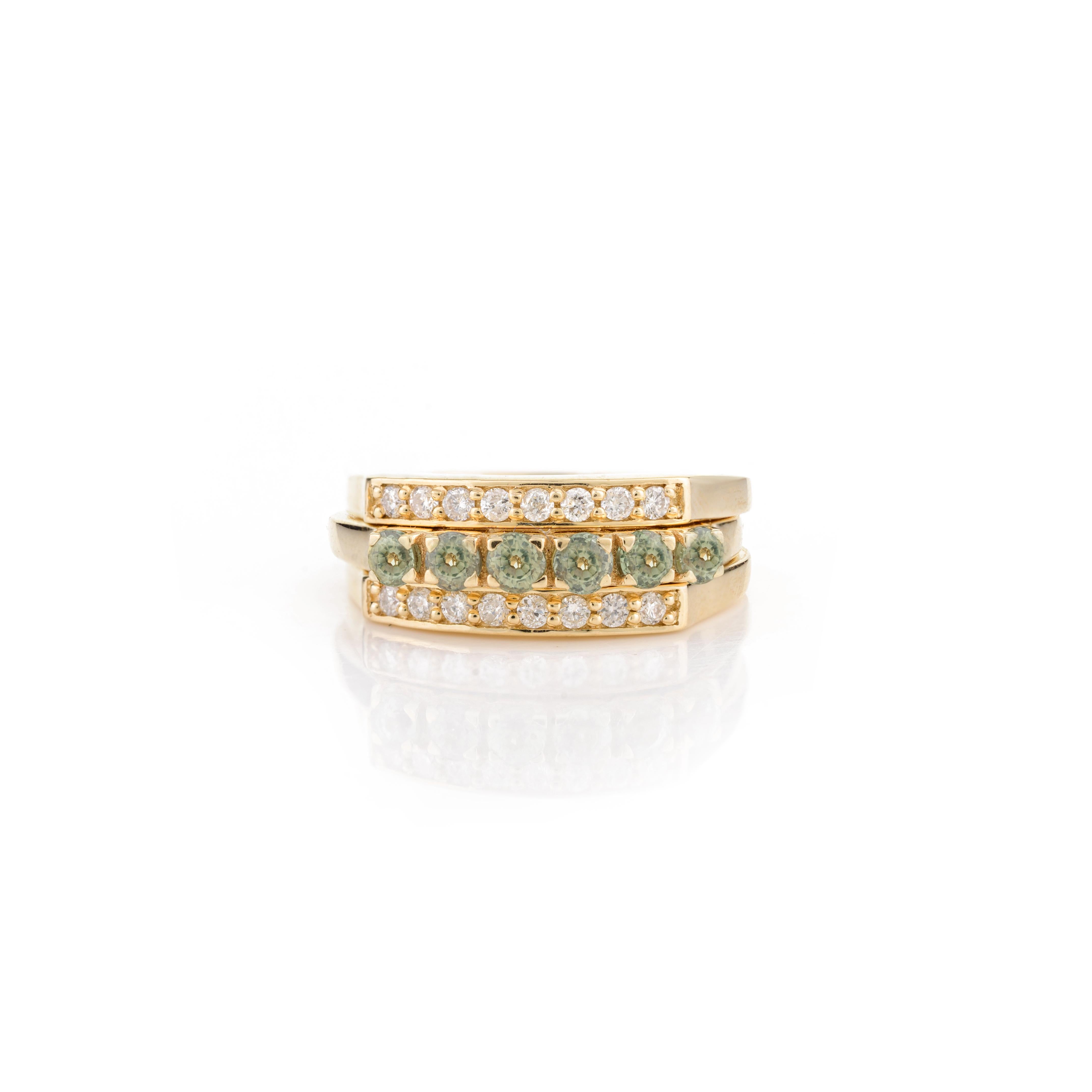 For Sale:  Unique Two-in-One Green Sapphire and Diamond Wedding Ring 14k Solid Yellow Gold 3