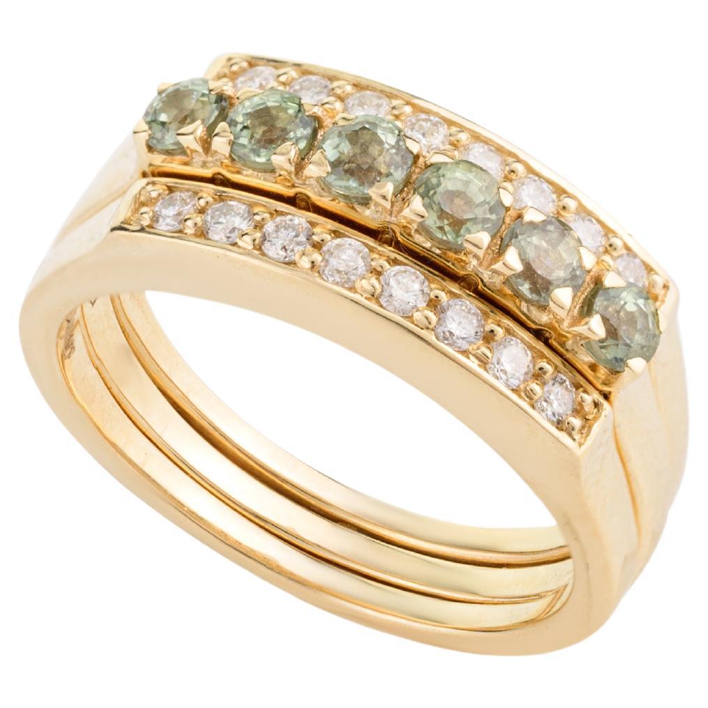 For Sale:  Unique Two-in-One Green Sapphire and Diamond Wedding Ring 14k Solid Yellow Gold