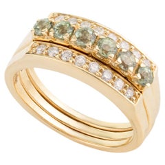 Bague de mariage unique en or jaune massif 14 carats avec saphir vert et diamants