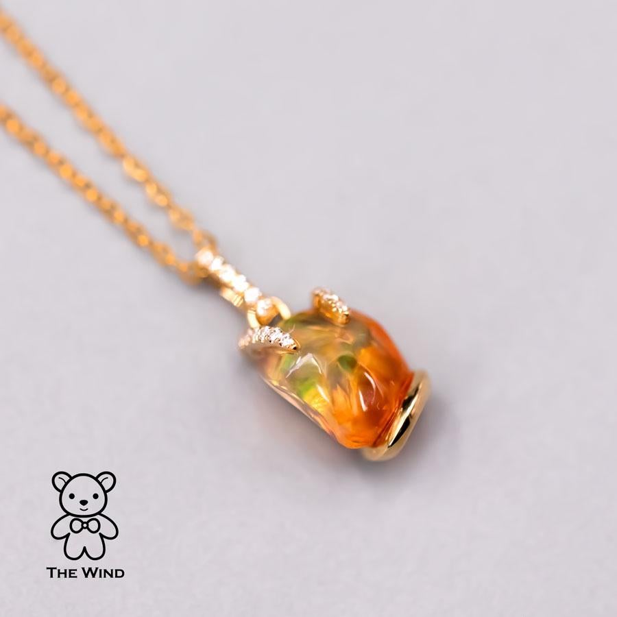 Brilliant Cut Unique Two-Tone Mexican Fire Opal Diamond Pendant Necklace in 18K Yellow Gold For Sale
