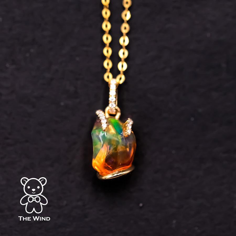 Unique Two-Tone Mexican Fire Opal Diamond Pendant Necklace in 18K Yellow Gold In New Condition For Sale In Suwanee, GA